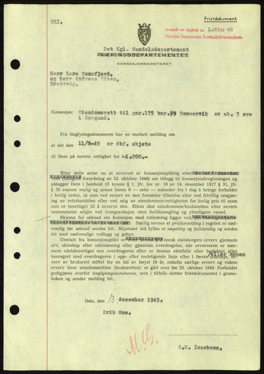 Nordre Sunnmøre sorenskriveri, SAT/A-0006/1/2/2C/2Ca: Mortgage book no. B6-14 a, 1942-1945, Diary no: : 1085/1945