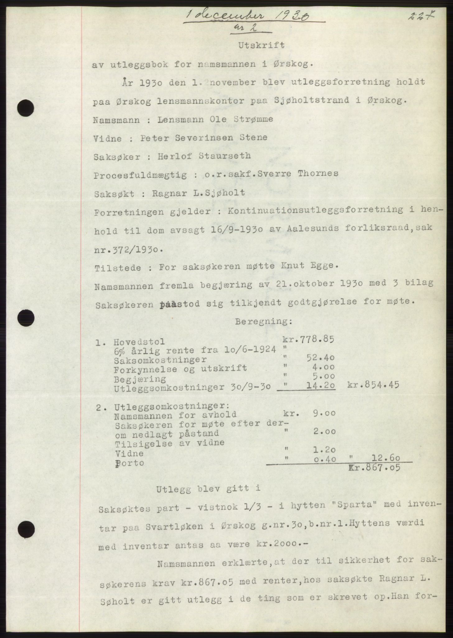 Nordre Sunnmøre sorenskriveri, AV/SAT-A-0006/1/2/2C/2Ca/L0047: Mortgage book no. 47, 1930-1931, Deed date: 01.12.1930