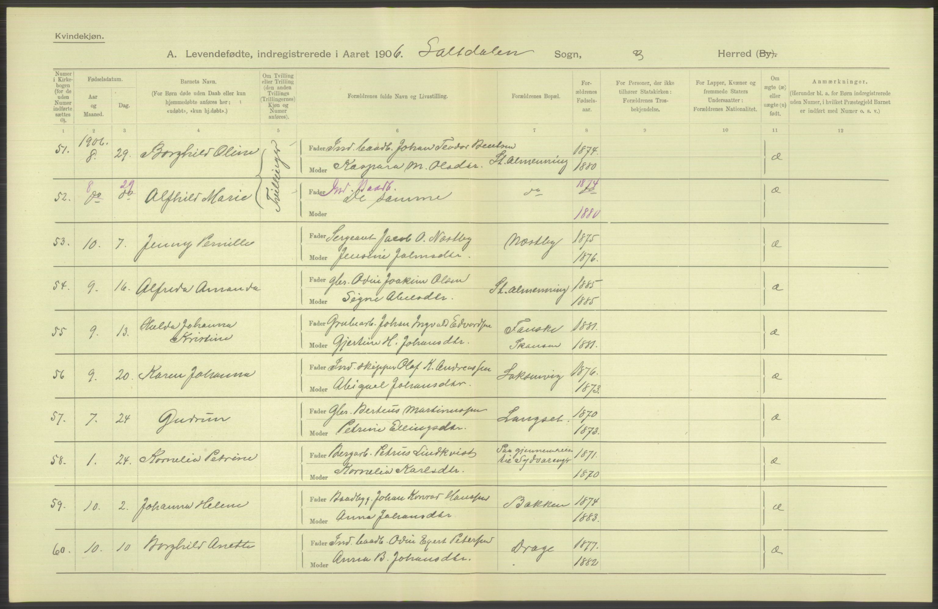 Statistisk sentralbyrå, Sosiodemografiske emner, Befolkning, AV/RA-S-2228/D/Df/Dfa/Dfad/L0044: Nordlands amt: Levendefødte menn og kvinner. Bygder., 1906, p. 194