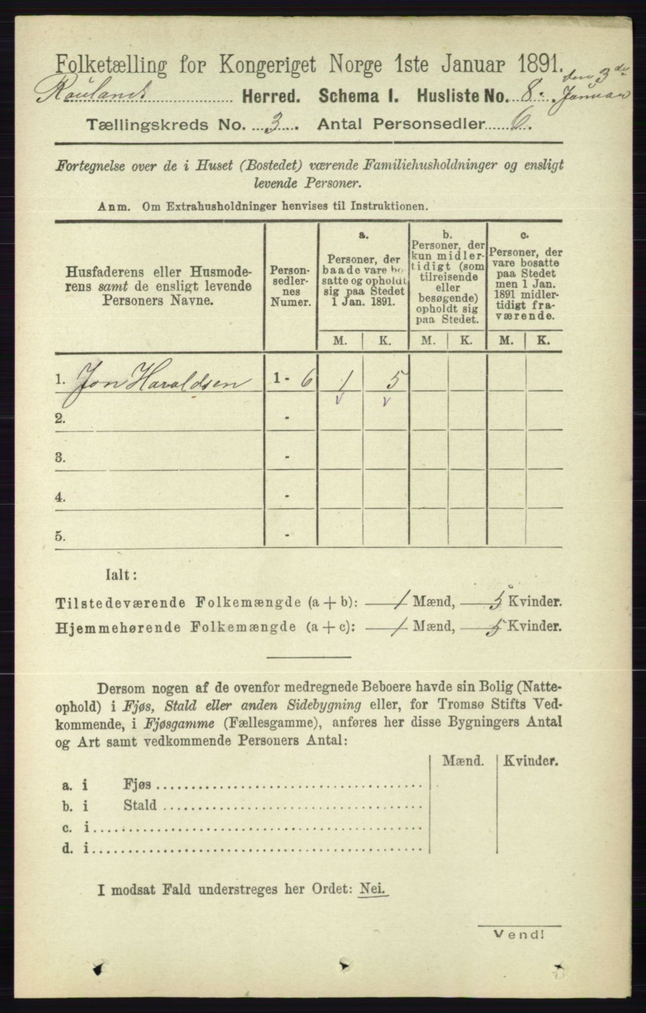 RA, 1891 census for 0835 Rauland, 1891, p. 744