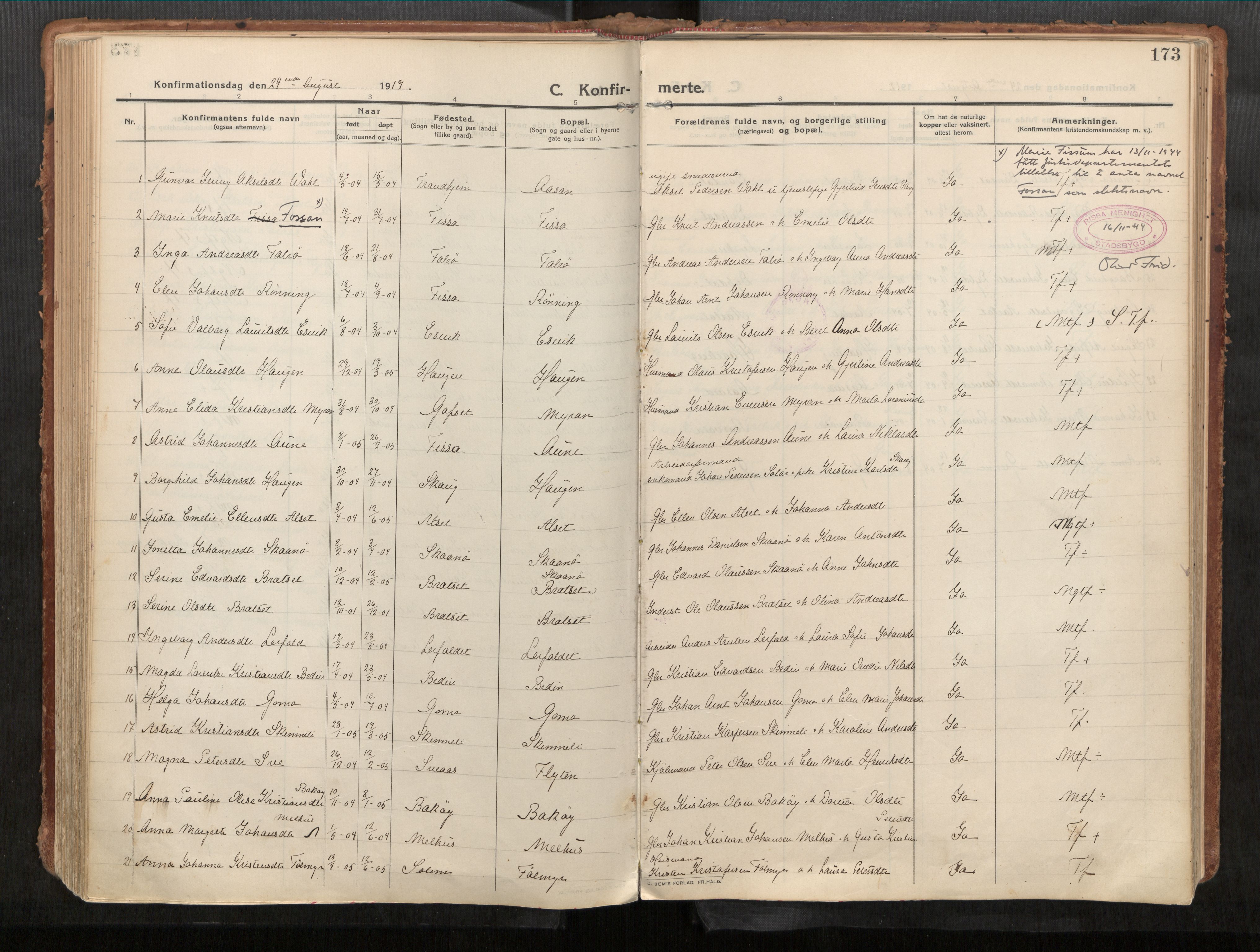 Stadsbygd sokneprestkontor, AV/SAT-A-1117/1/I/I1/I1a/L0001: Parish register (official) no. 1, 1911-1929, p. 173