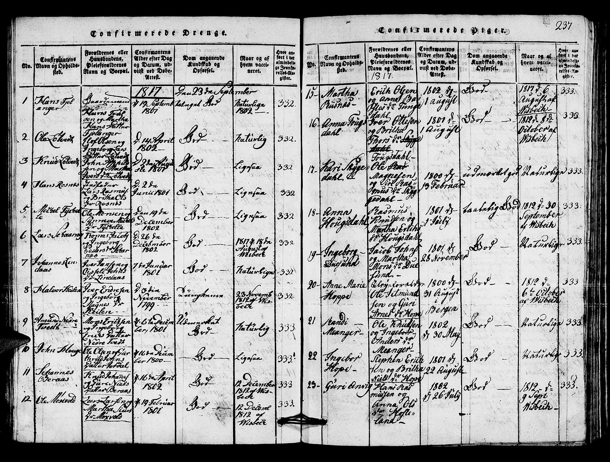 Lindås Sokneprestembete, AV/SAB-A-76701/H/Hab/Haba/L0001: Parish register (copy) no. A 1, 1816-1823, p. 237