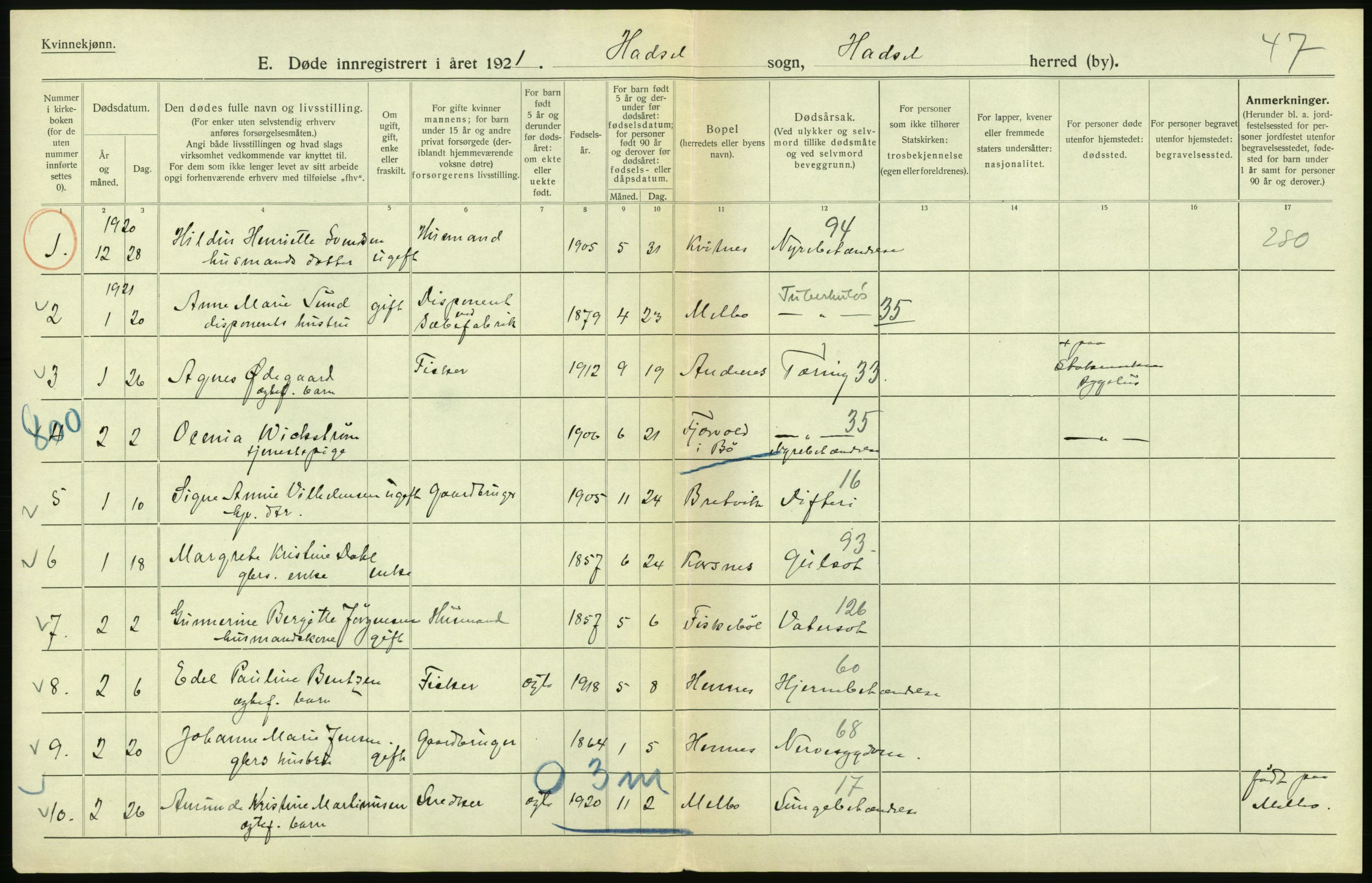 Statistisk sentralbyrå, Sosiodemografiske emner, Befolkning, AV/RA-S-2228/D/Df/Dfc/Dfca/L0051: Nordland fylke: Døde. Bygder og byer., 1921