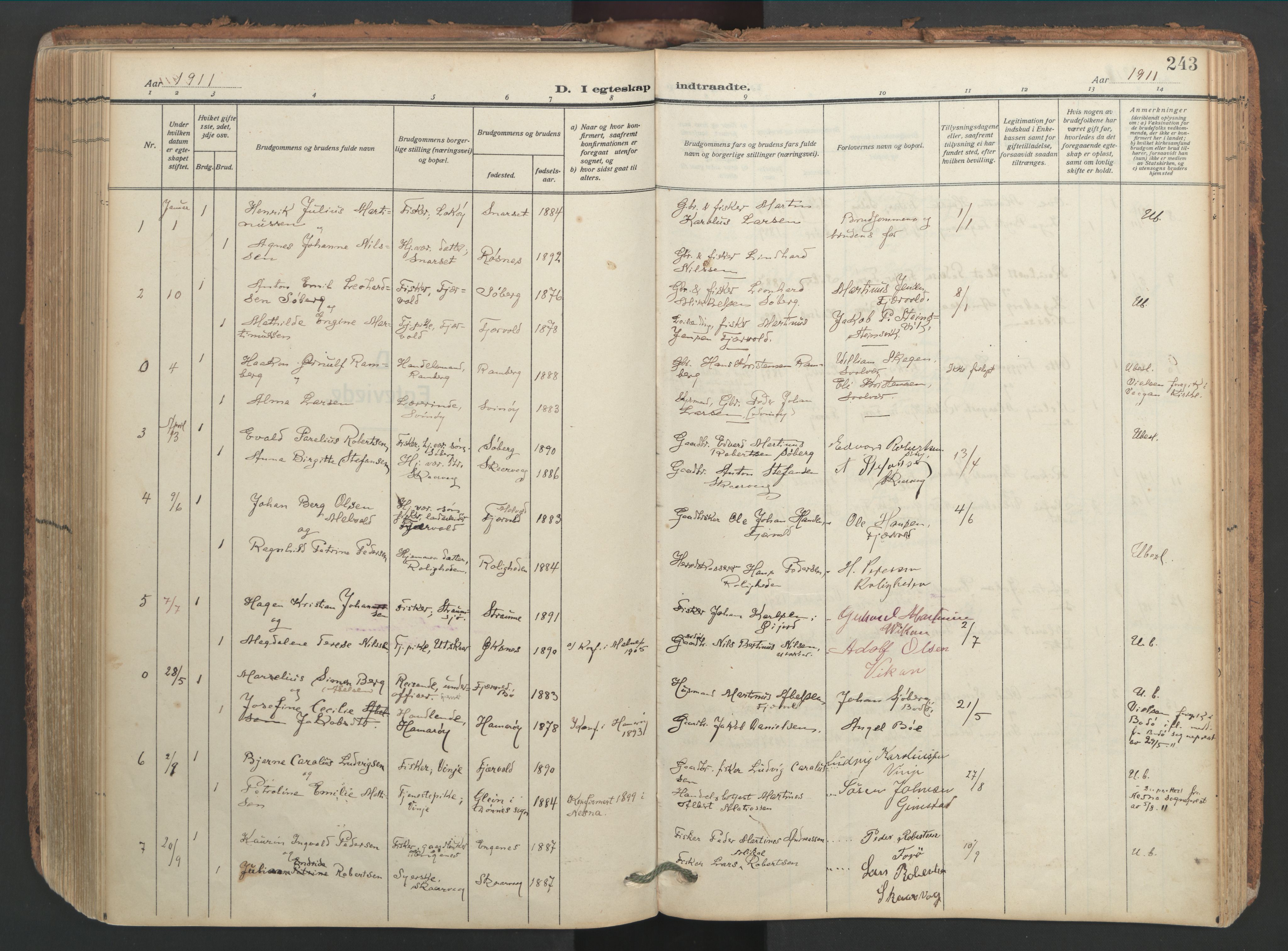 Ministerialprotokoller, klokkerbøker og fødselsregistre - Nordland, SAT/A-1459/891/L1306: Parish register (official) no. 891A11, 1911-1927, p. 243