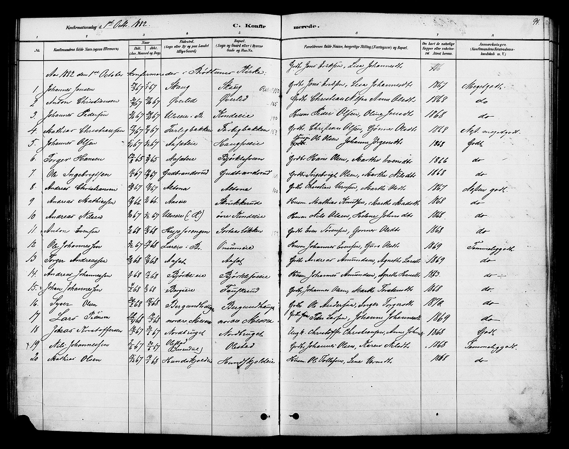 Ringsaker prestekontor, AV/SAH-PREST-014/K/Ka/L0013: Parish register (official) no. 13, 1879-1890, p. 94