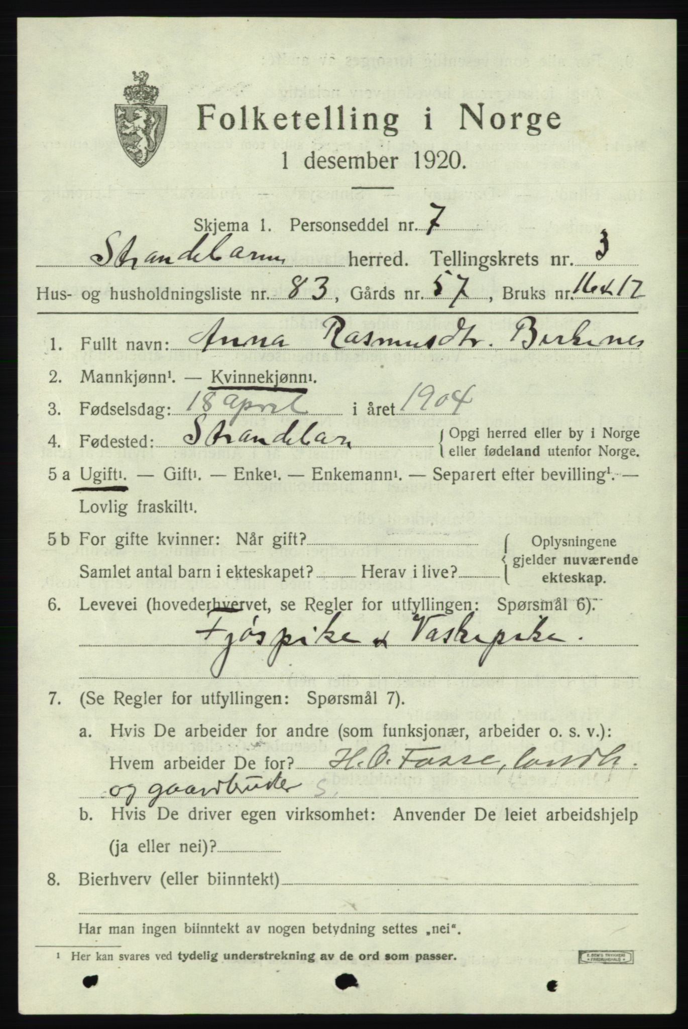 SAB, 1920 census for Strandebarm, 1920, p. 3458