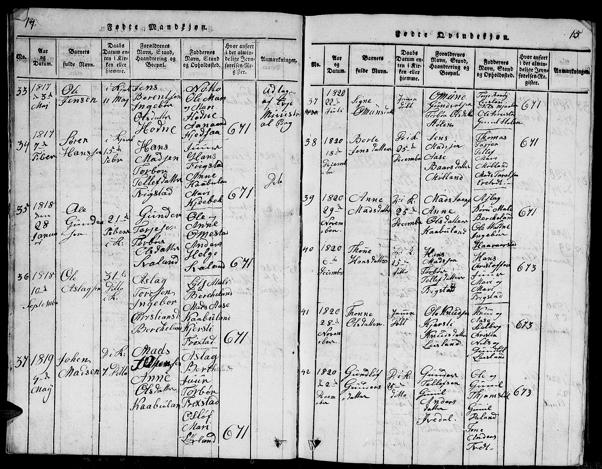 Evje sokneprestkontor, SAK/1111-0008/F/Fb/Fbc/L0001: Parish register (copy) no. B 1, 1816-1836, p. 14-15