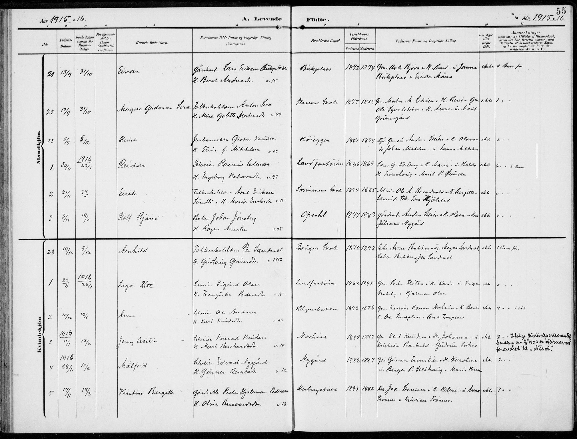 Alvdal prestekontor, SAH/PREST-060/H/Ha/Haa/L0004: Parish register (official) no. 4, 1907-1919, p. 55