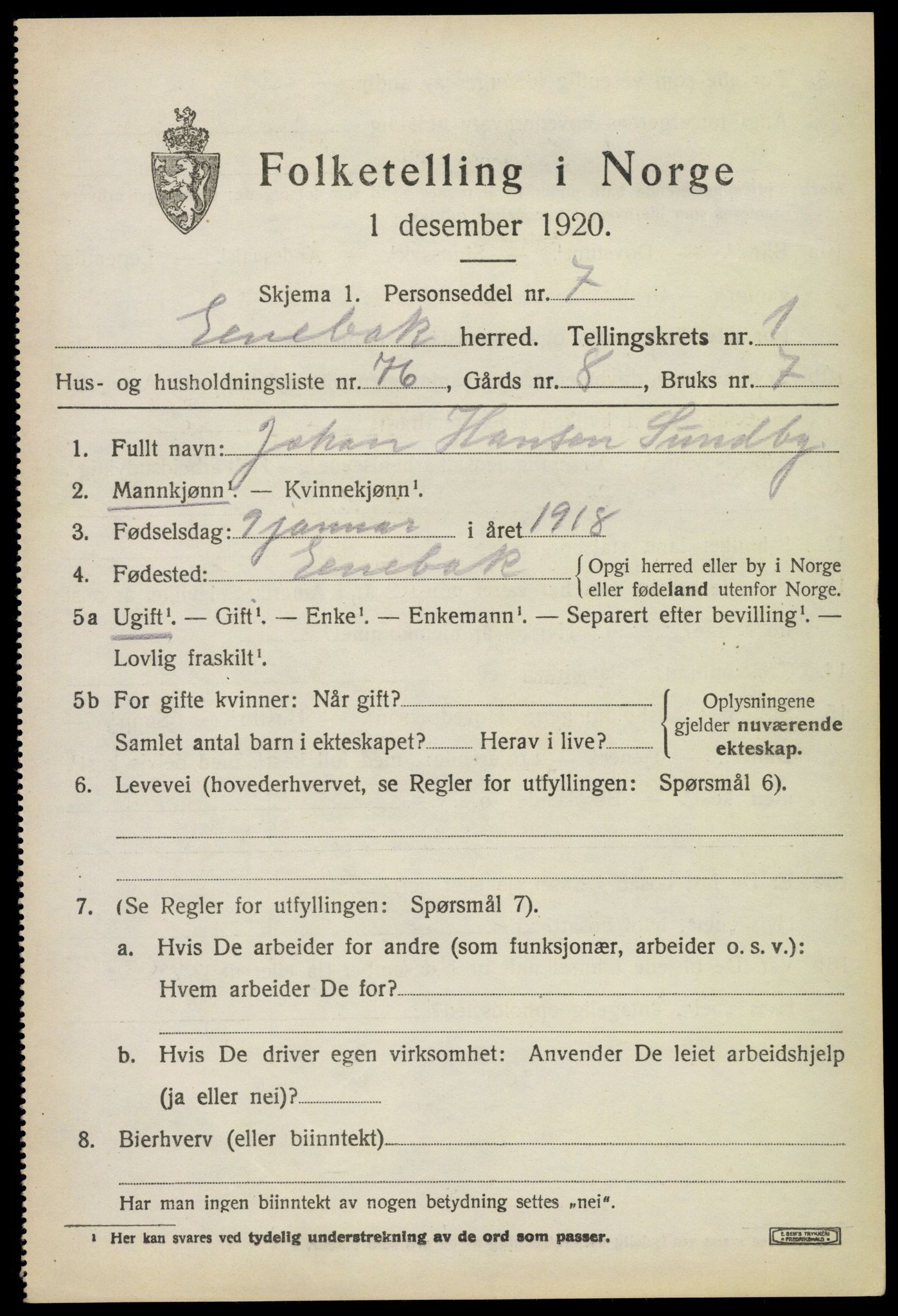 SAO, 1920 census for Enebakk, 1920, p. 2025