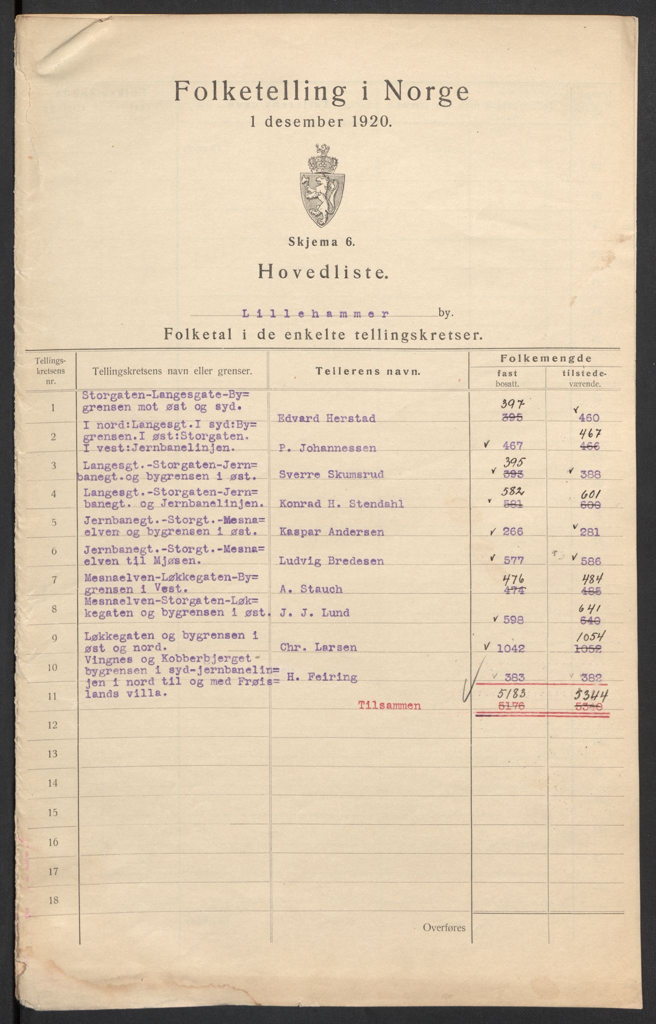 SAH, 1920 census for Lillehammer, 1920, p. 3