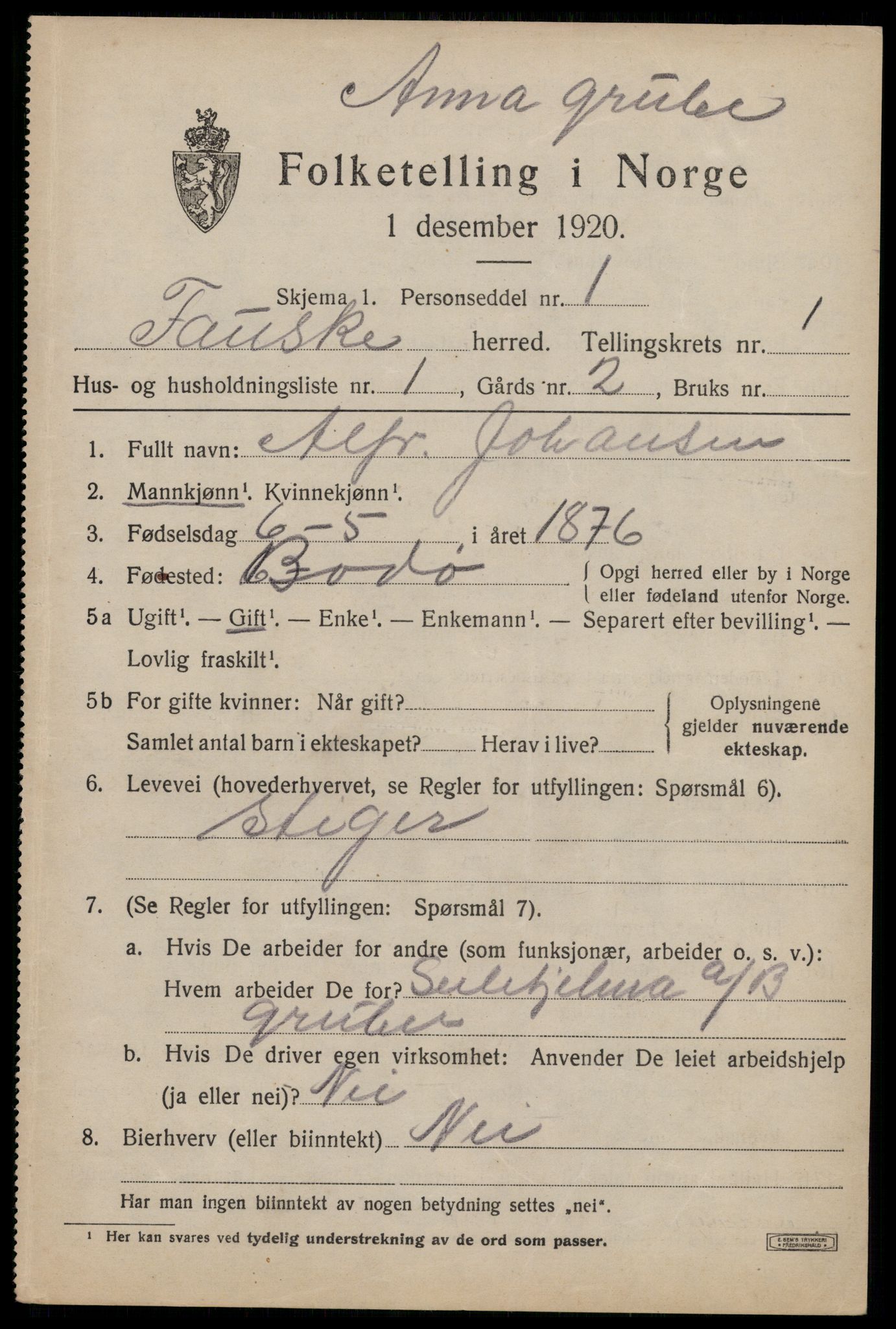 SAT, 1920 census for Fauske, 1920, p. 1990