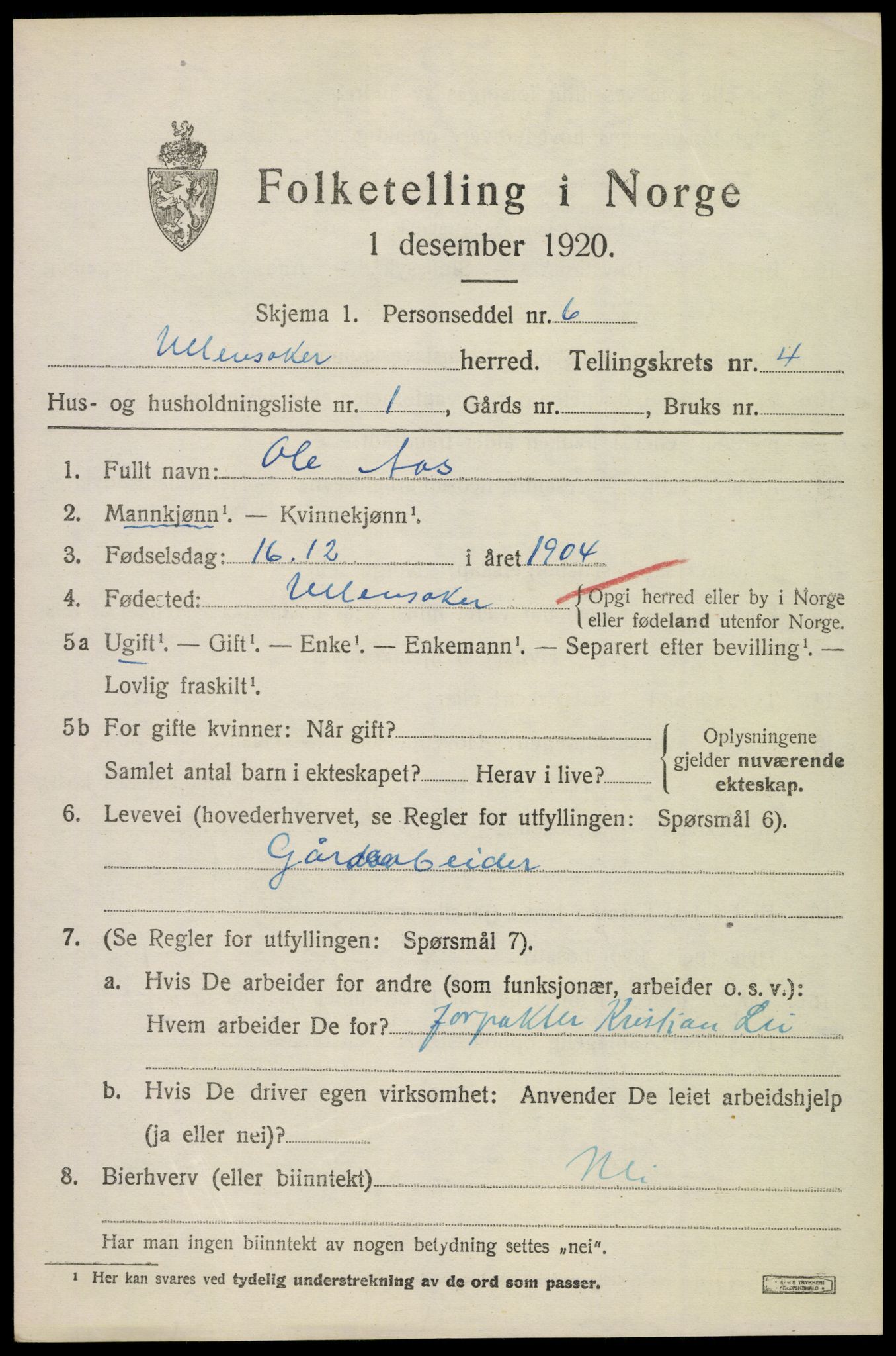 SAO, 1920 census for Ullensaker, 1920, p. 7251