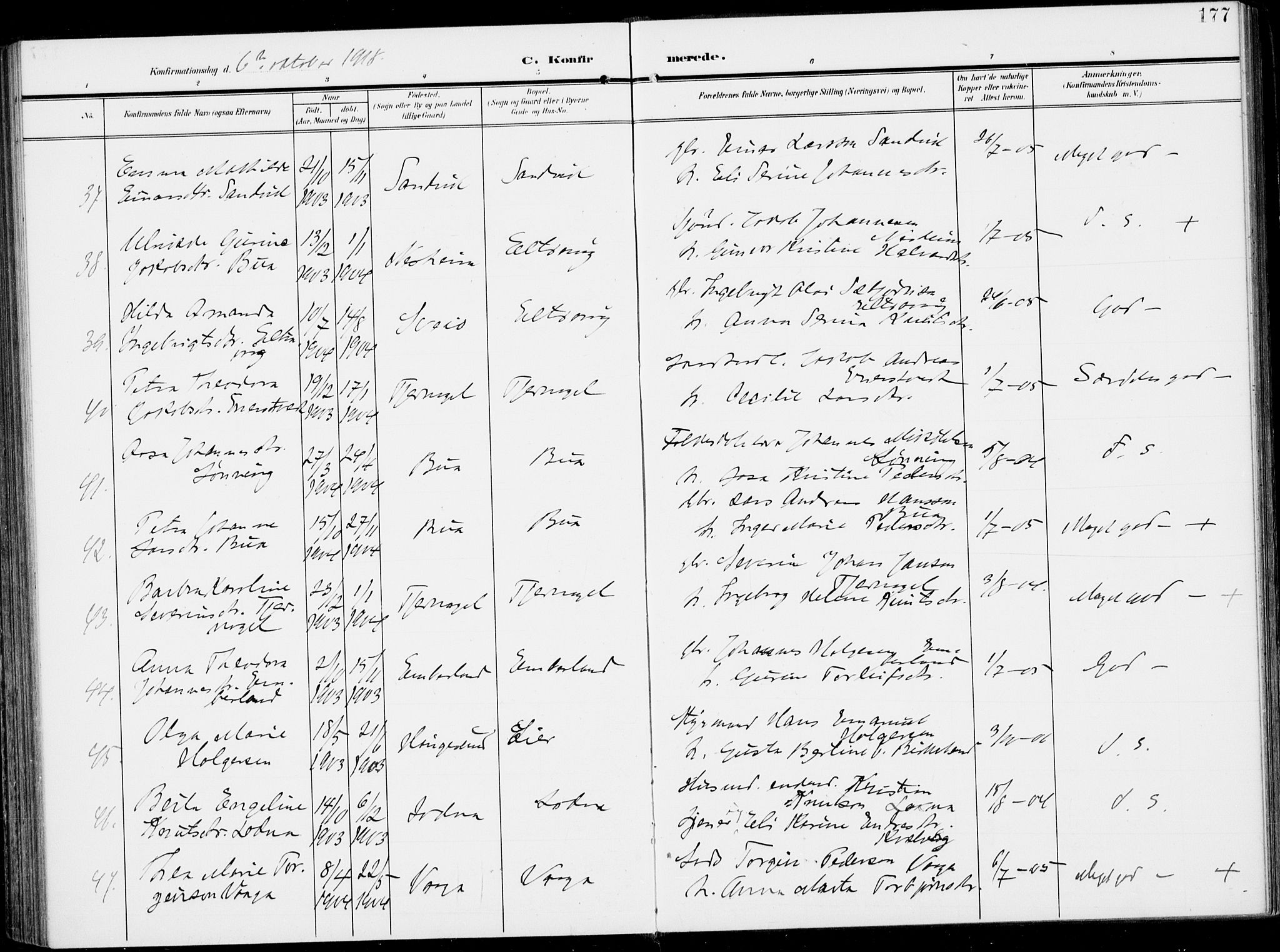 Sveio Sokneprestembete, AV/SAB-A-78501/H/Haa: Parish register (official) no. B  4, 1906-1919, p. 177