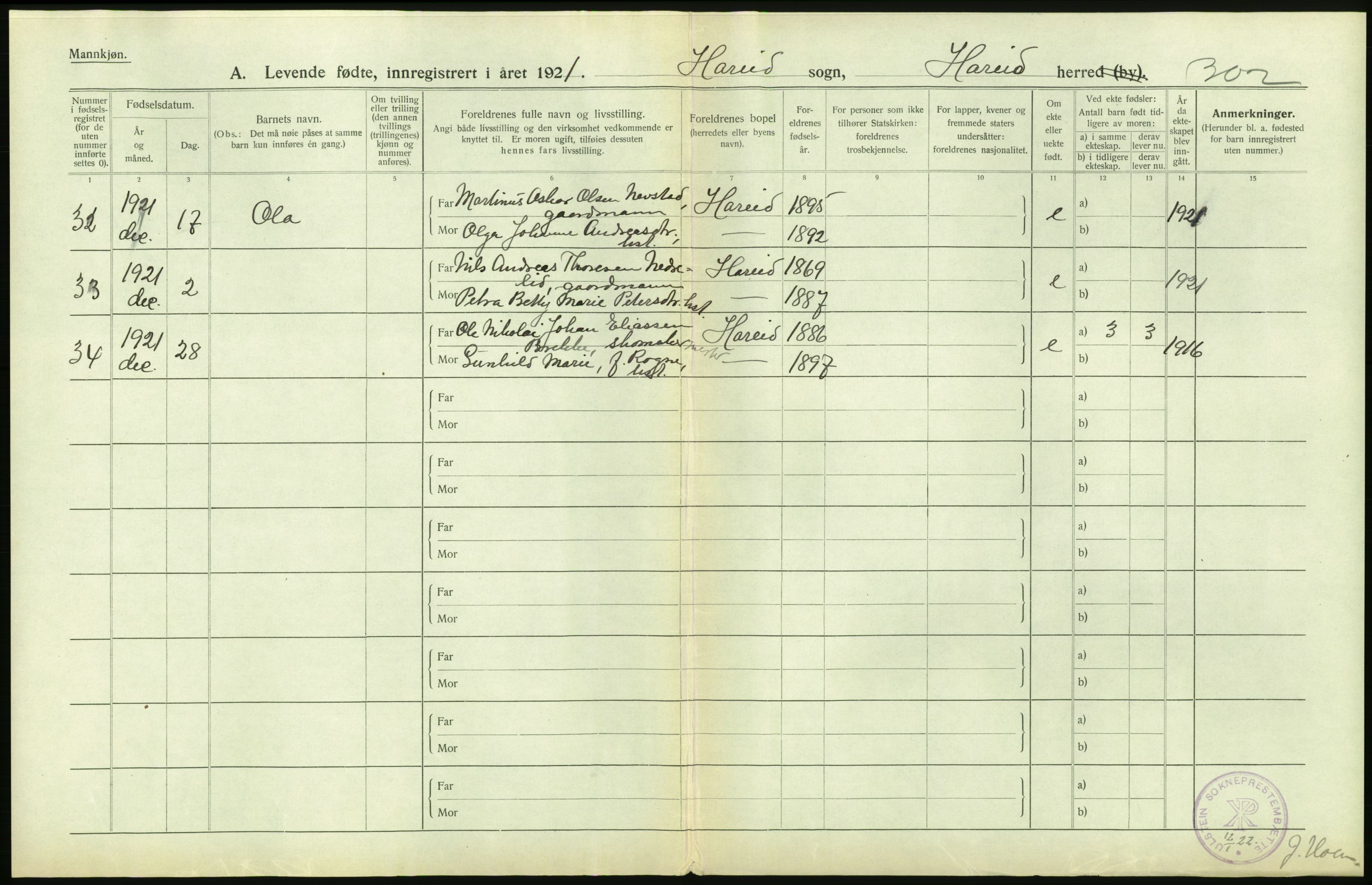 Statistisk sentralbyrå, Sosiodemografiske emner, Befolkning, RA/S-2228/D/Df/Dfc/Dfca/L0040: Møre fylke: Levendefødte menn og kvinner. Bygder., 1921, p. 44