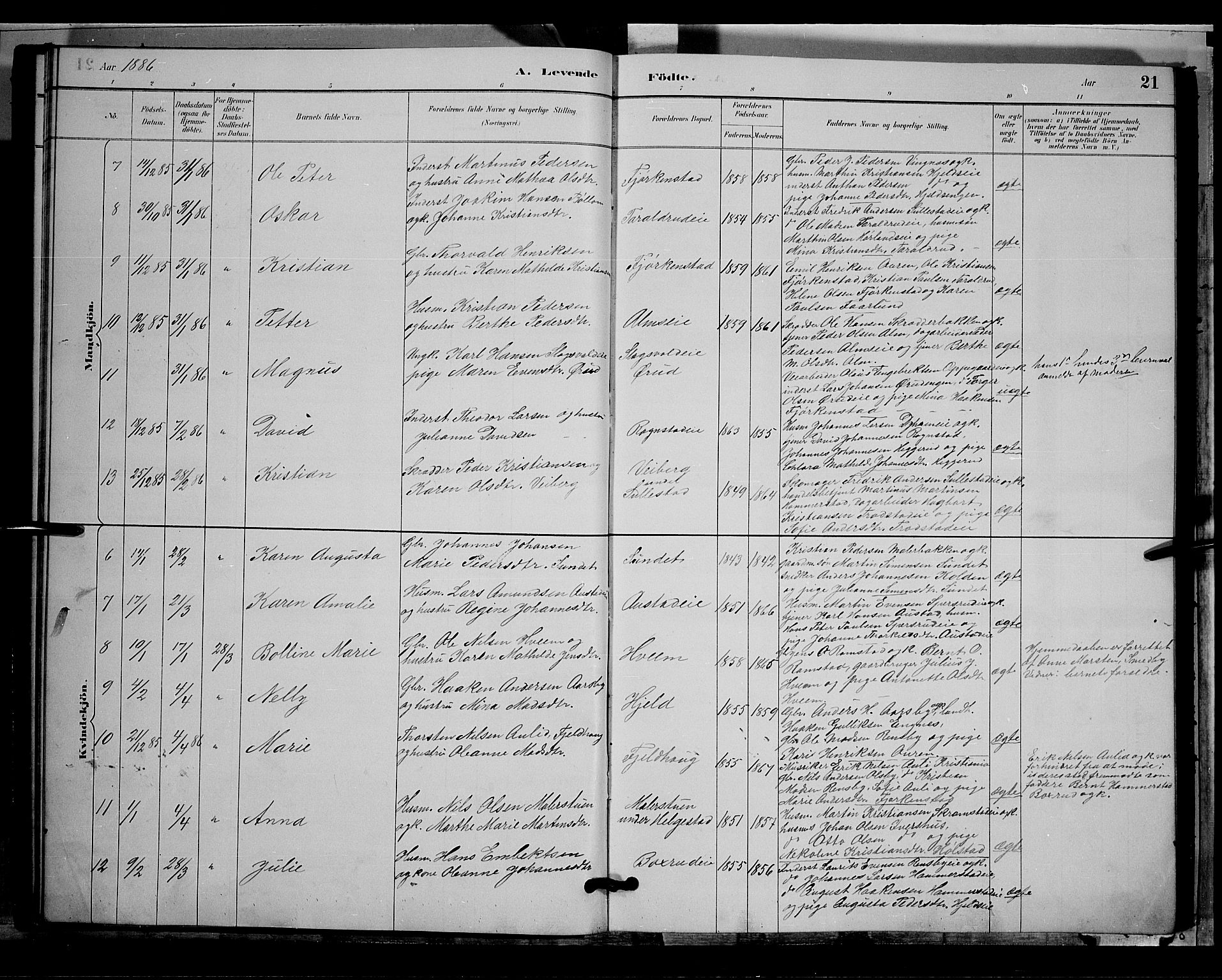 Østre Toten prestekontor, AV/SAH-PREST-104/H/Ha/Hab/L0005: Parish register (copy) no. 5, 1884-1893, p. 21