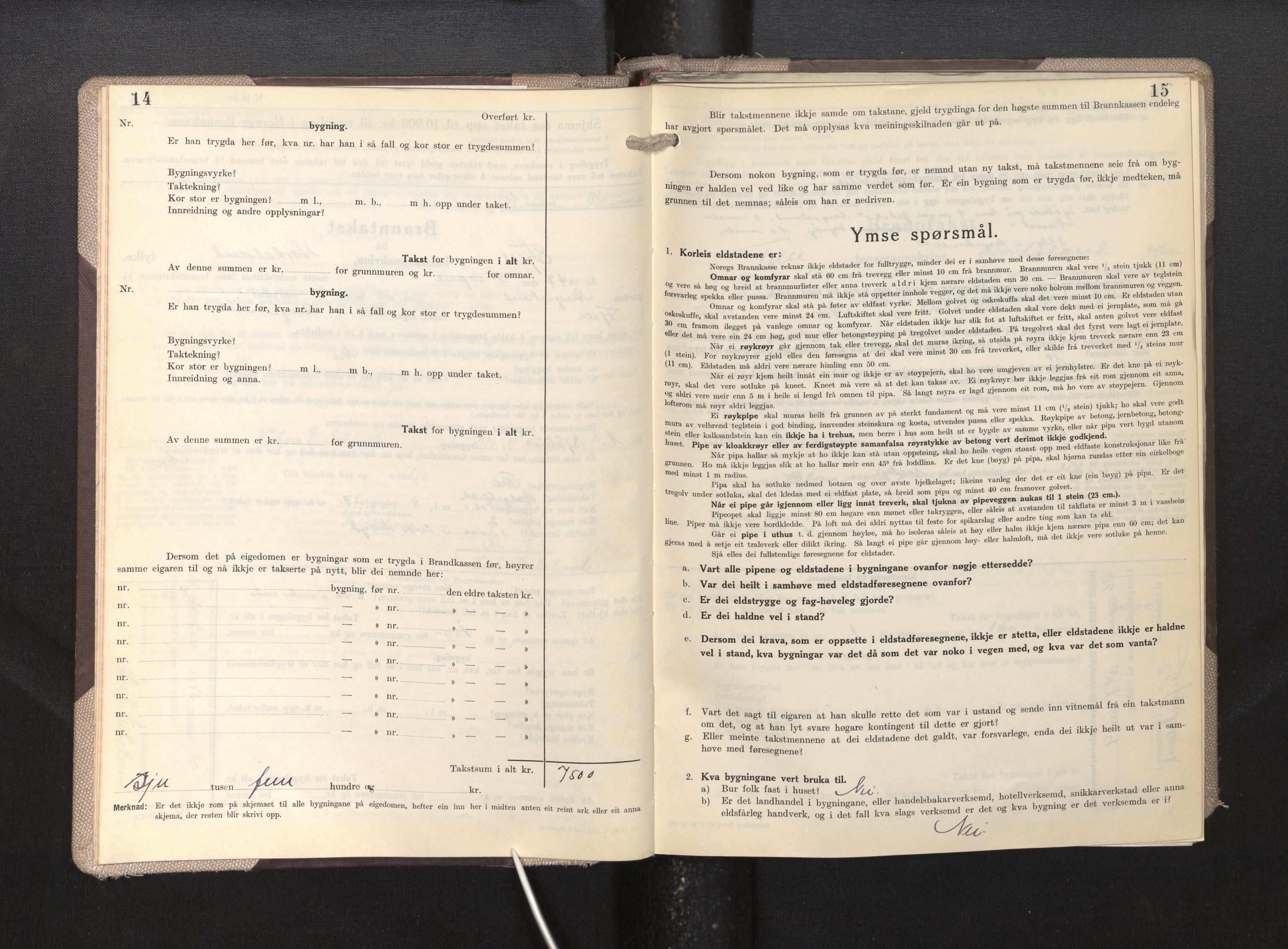 Lensmannen i Fjell, SAB/A-32301/0012/L0007: Branntakstprotokoll, skjematakst, 1946-1955, p. 14-15