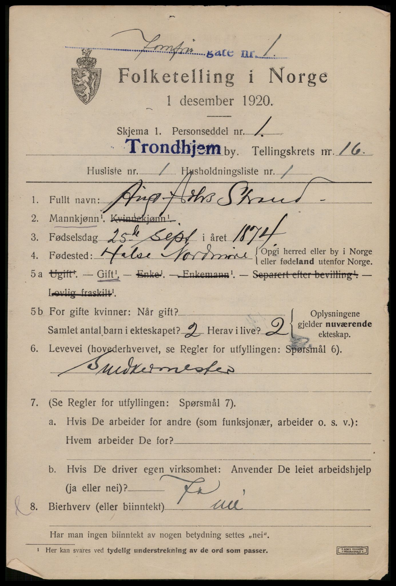 SAT, 1920 census for Trondheim, 1920, p. 54090