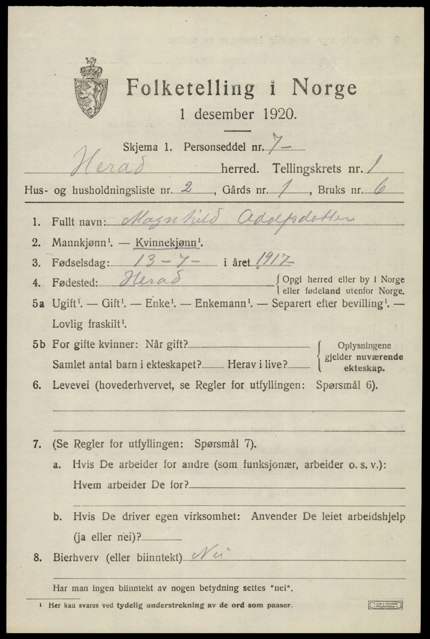SAK, 1920 census for Herad, 1920, p. 450