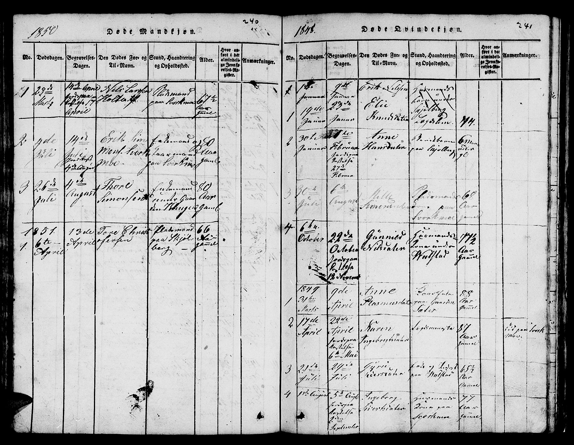 Ministerialprotokoller, klokkerbøker og fødselsregistre - Sør-Trøndelag, SAT/A-1456/671/L0842: Parish register (copy) no. 671C01, 1816-1867, p. 240-241