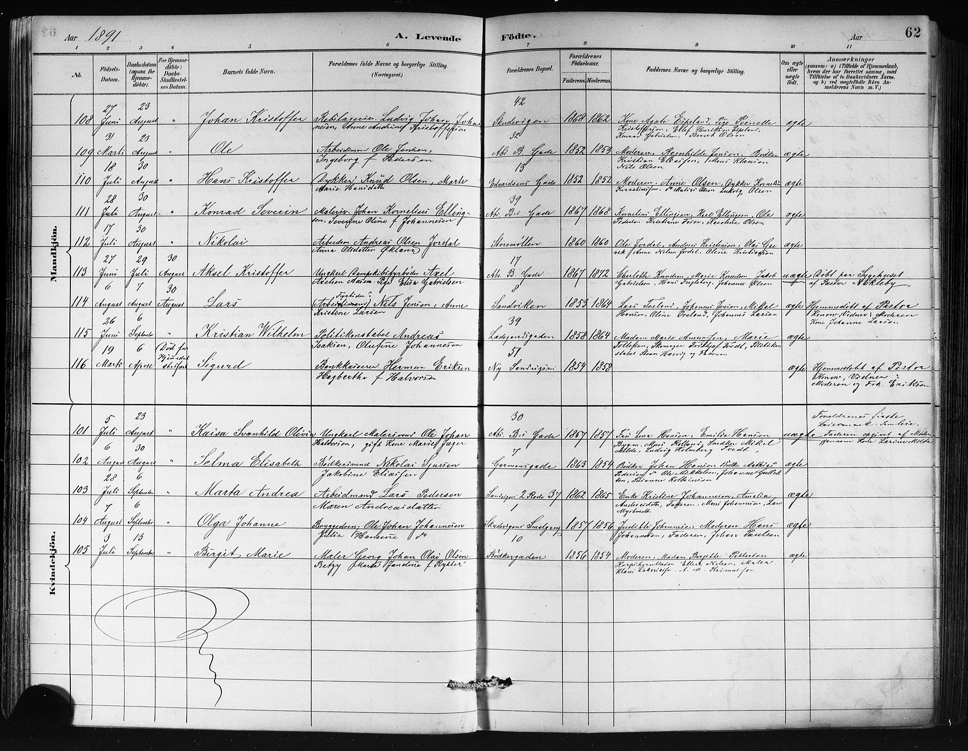 Sandviken Sokneprestembete, AV/SAB-A-77601/H/Hb/L0002: Parish register (copy) no. A 3, 1888-1902, p. 62