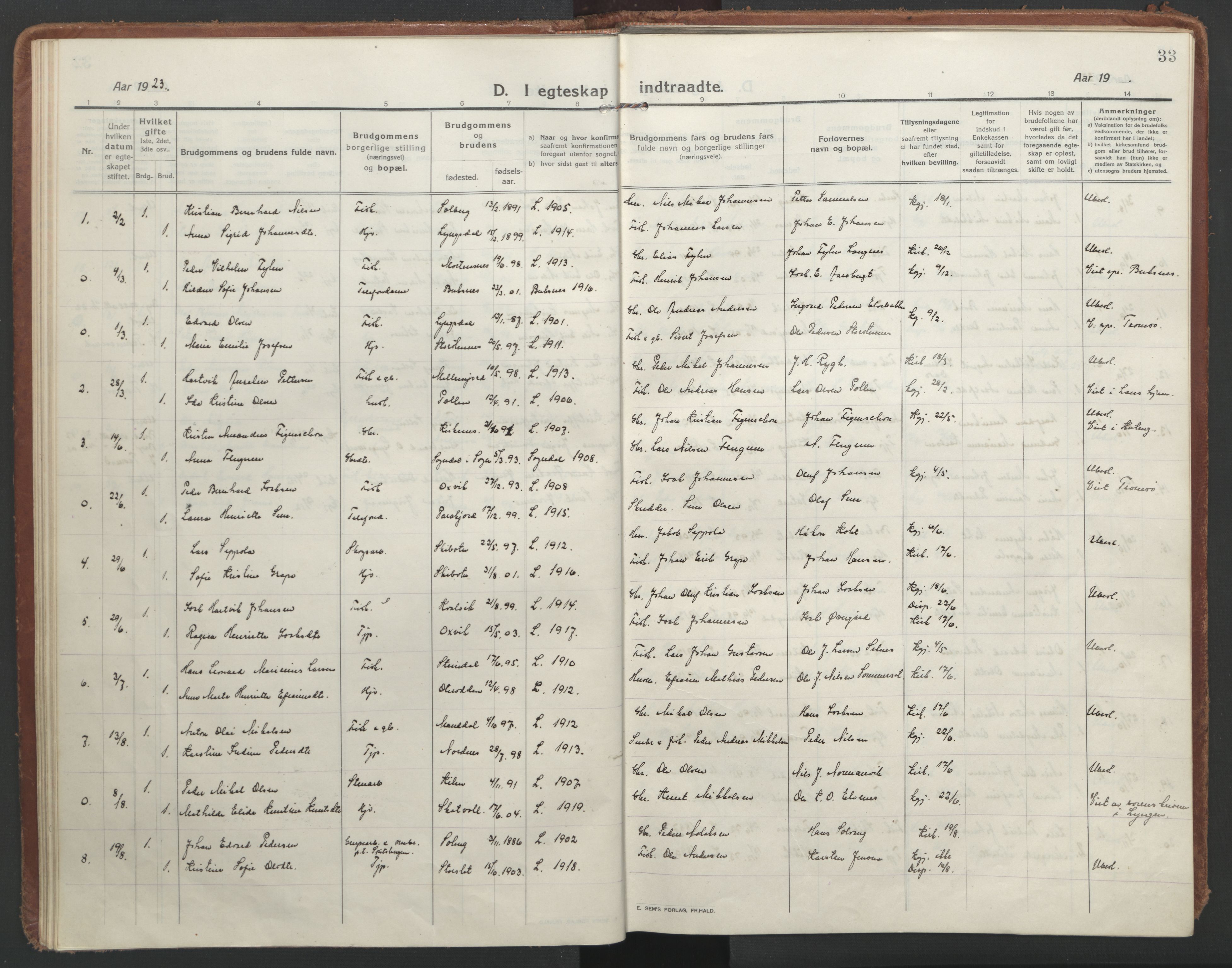 Lyngen sokneprestembete, AV/SATØ-S-1289/H/He/Hea/L0013kirke: Parish register (official) no. 13, 1914-1923, p. 33