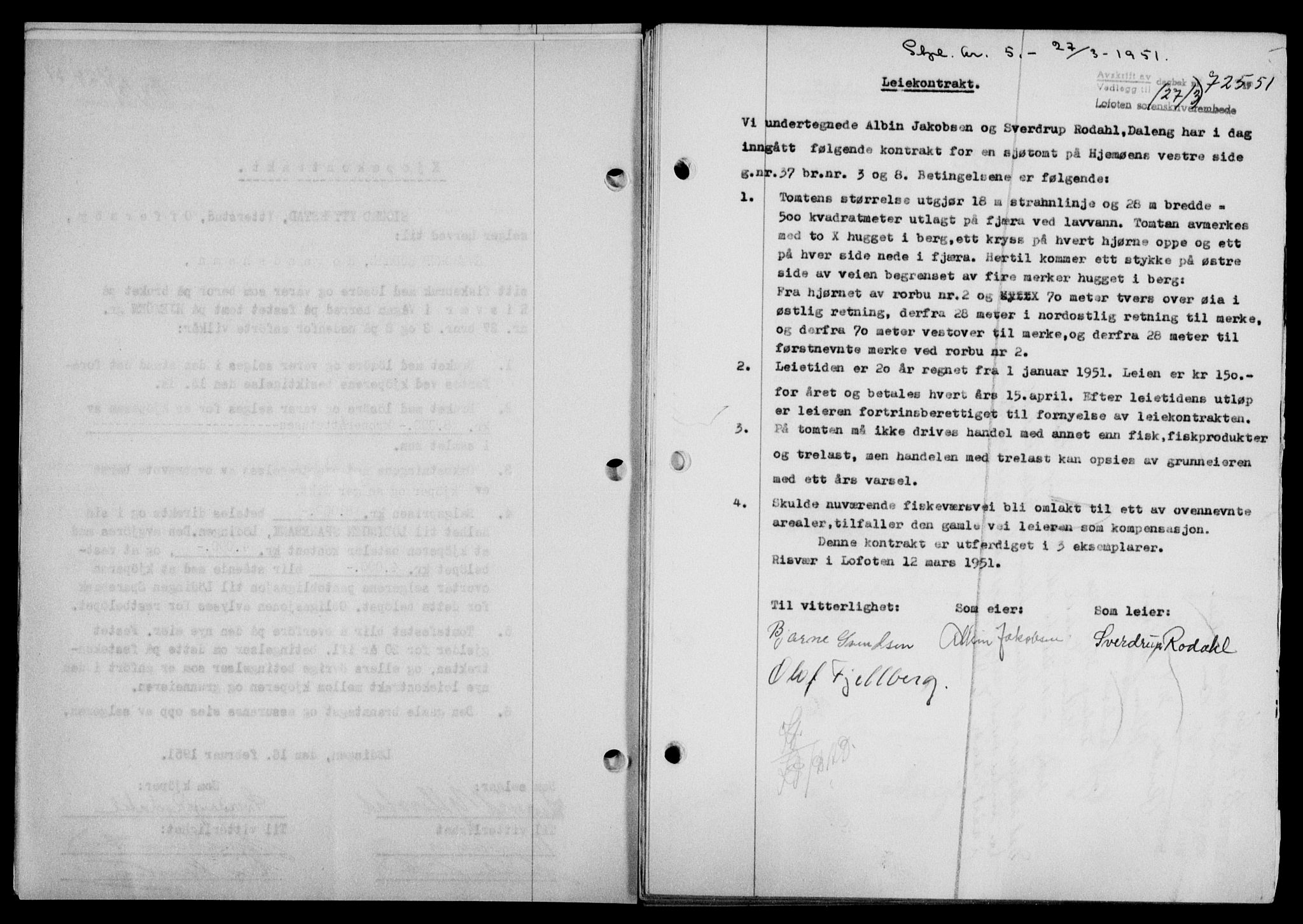 Lofoten sorenskriveri, SAT/A-0017/1/2/2C/L0025a: Mortgage book no. 25a, 1950-1951, Diary no: : 725/1951