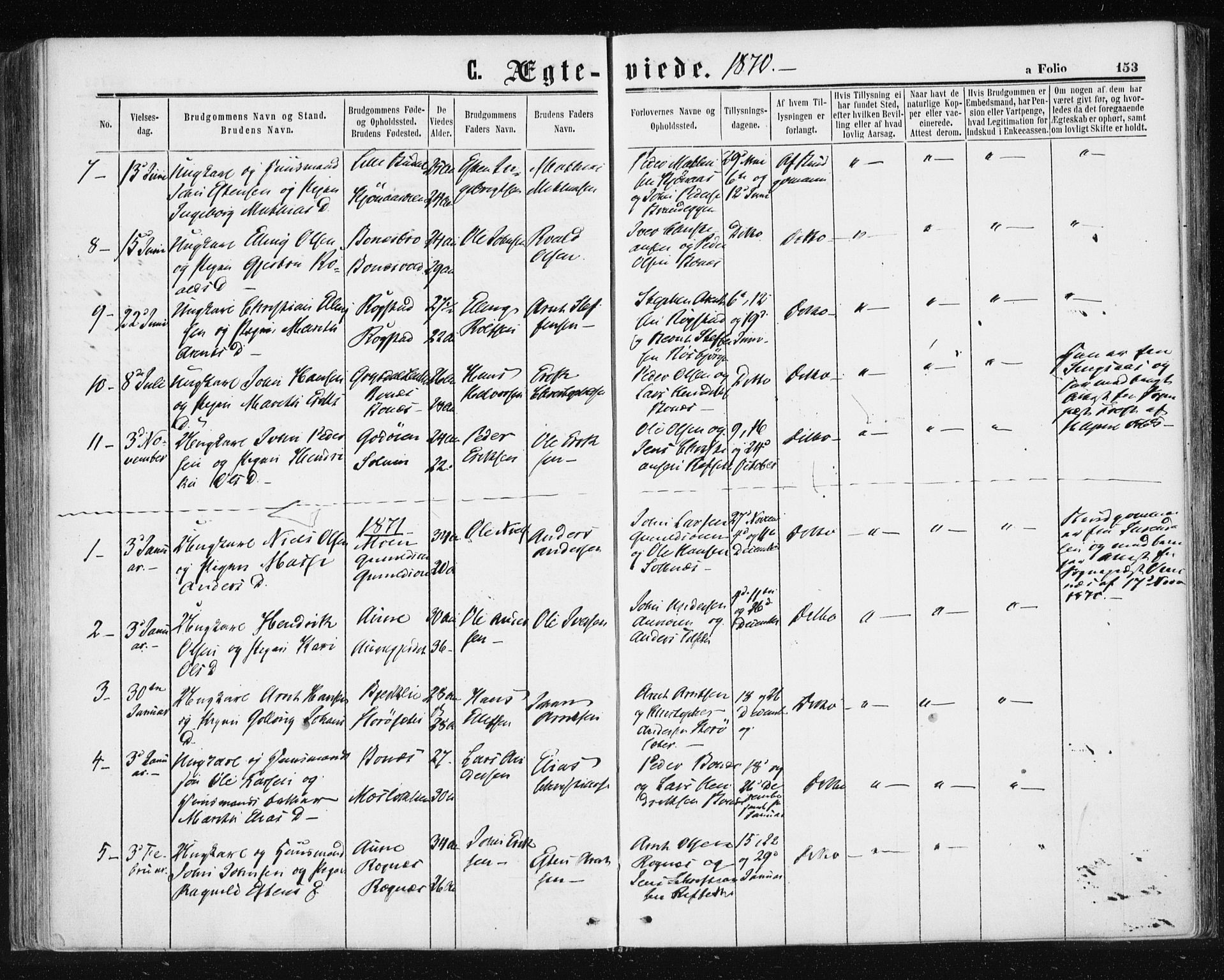 Ministerialprotokoller, klokkerbøker og fødselsregistre - Sør-Trøndelag, SAT/A-1456/687/L1001: Parish register (official) no. 687A07, 1863-1878, p. 153