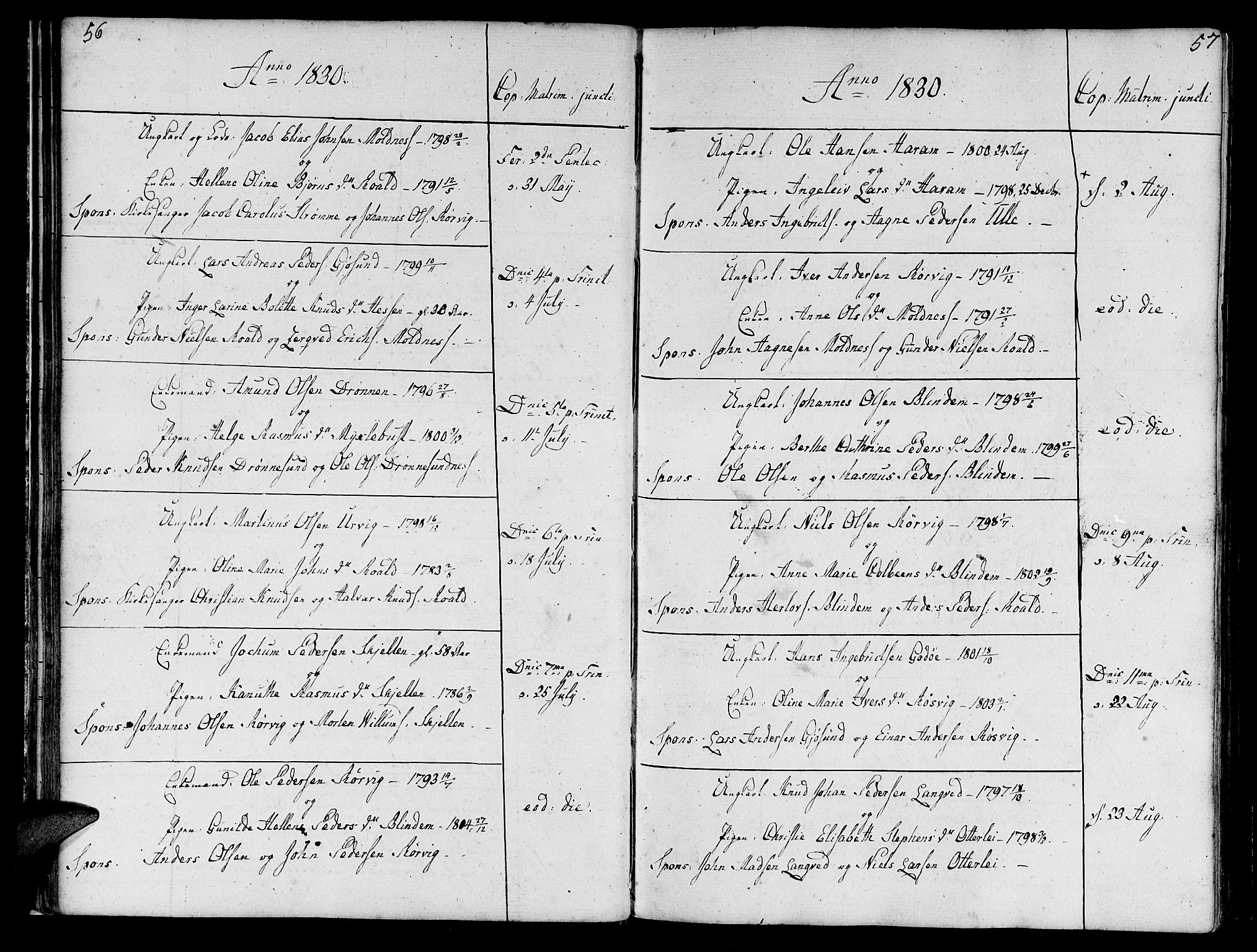Ministerialprotokoller, klokkerbøker og fødselsregistre - Møre og Romsdal, SAT/A-1454/536/L0494: Parish register (official) no. 536A03, 1803-1836, p. 56-57