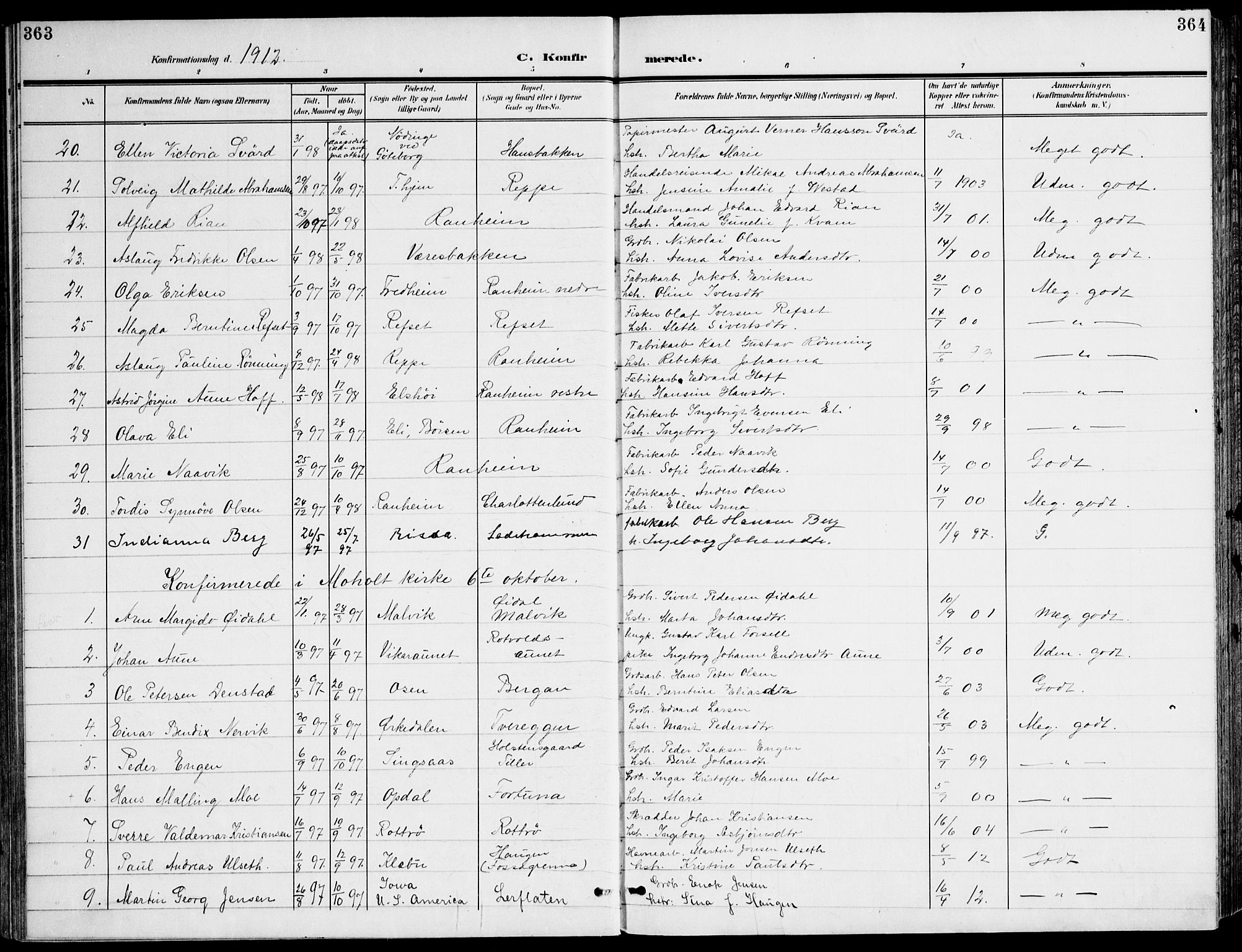 Ministerialprotokoller, klokkerbøker og fødselsregistre - Sør-Trøndelag, AV/SAT-A-1456/607/L0320: Parish register (official) no. 607A04, 1907-1915, p. 363-364