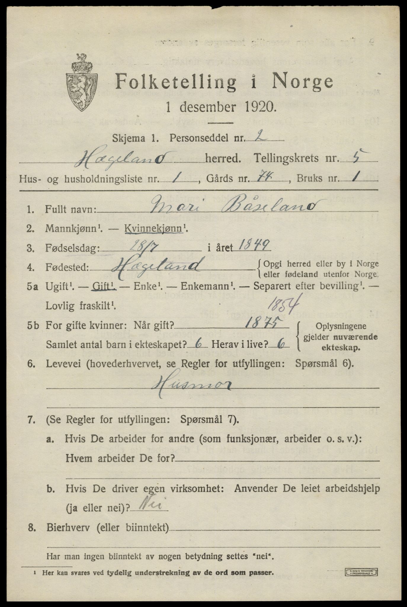 SAK, 1920 census for Hægeland, 1920, p. 1973