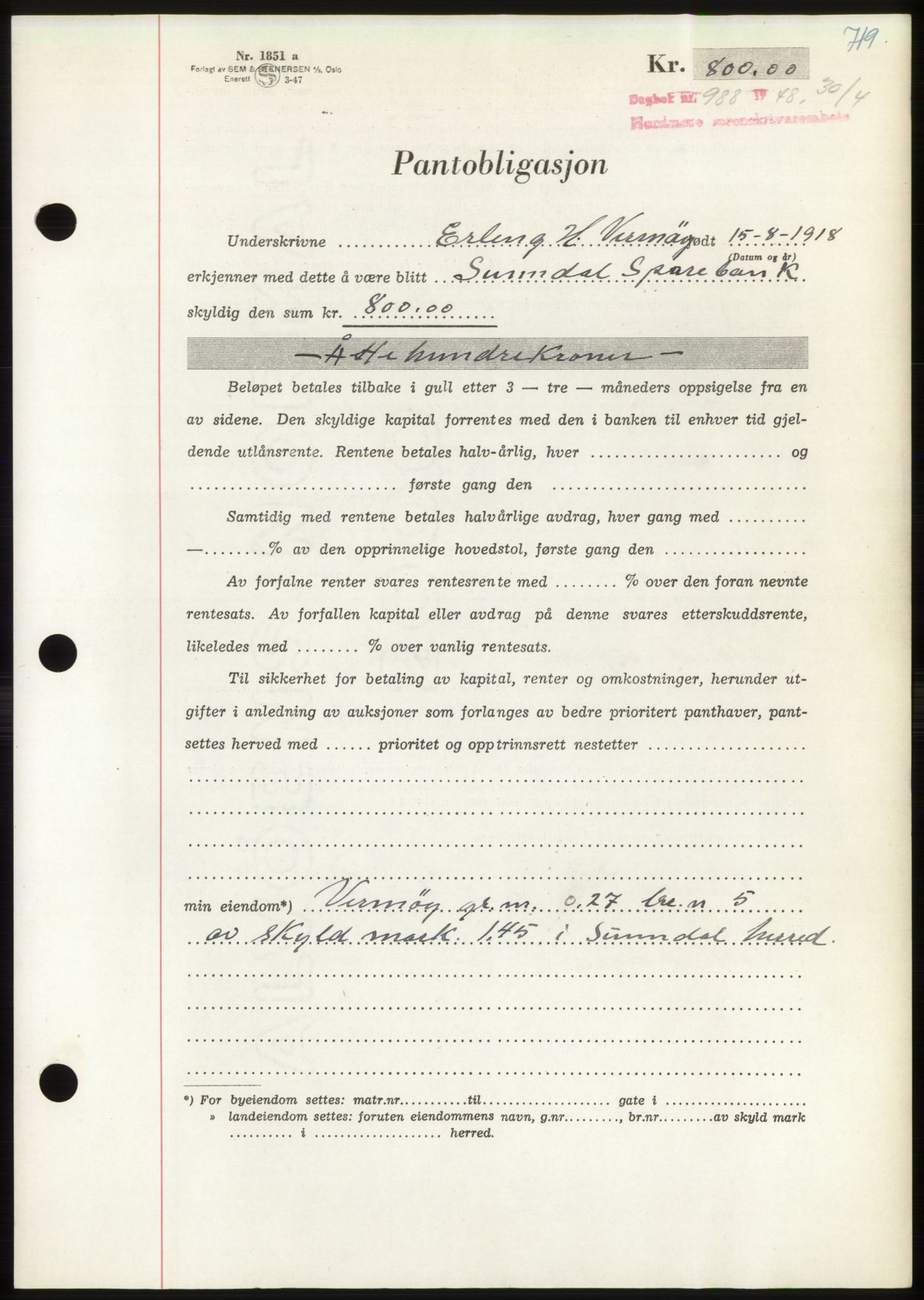 Nordmøre sorenskriveri, AV/SAT-A-4132/1/2/2Ca: Mortgage book no. B98, 1948-1948, Diary no: : 988/1948