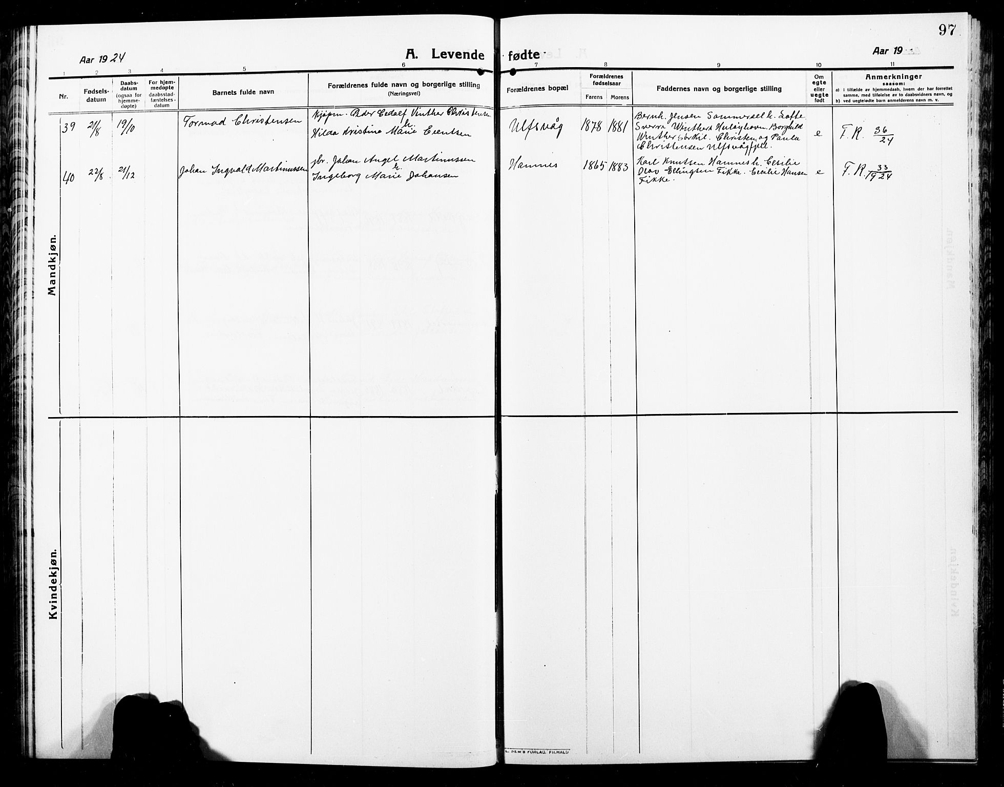 Ministerialprotokoller, klokkerbøker og fødselsregistre - Nordland, AV/SAT-A-1459/859/L0861: Parish register (copy) no. 859C07, 1910-1925, p. 97