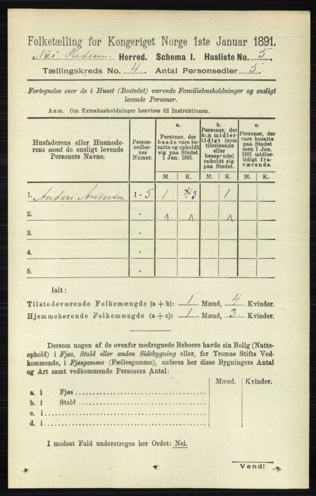 RA, 1891 census for 0411 Nes, 1891, p. 1957