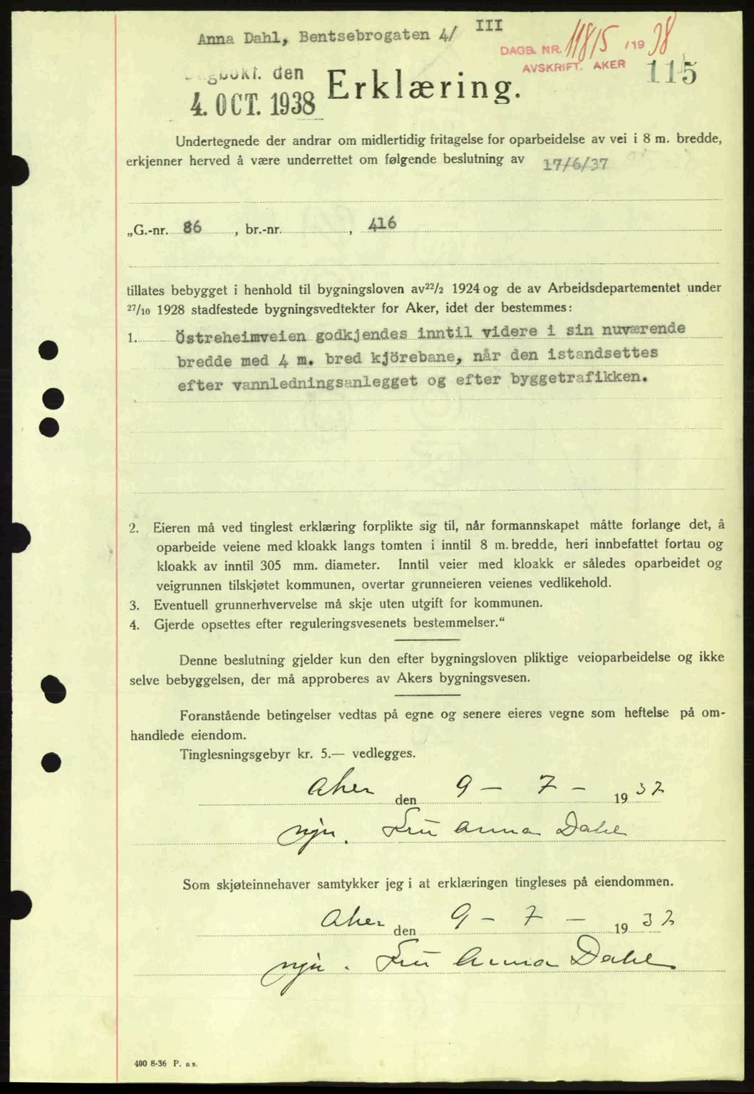 Aker herredsskriveri, SAO/A-10896/G/Gb/Gba/Gbab/L0025: Mortgage book no. A154-155, 1938-1938, Diary no: : 11815/1938