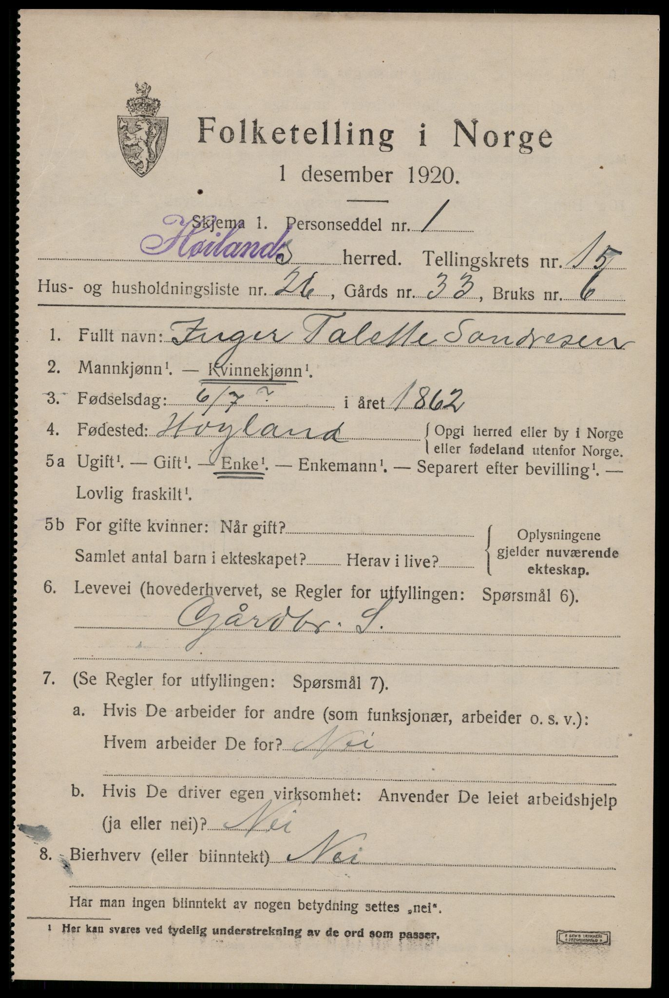 SAST, 1920 census for Høyland, 1920, p. 13984