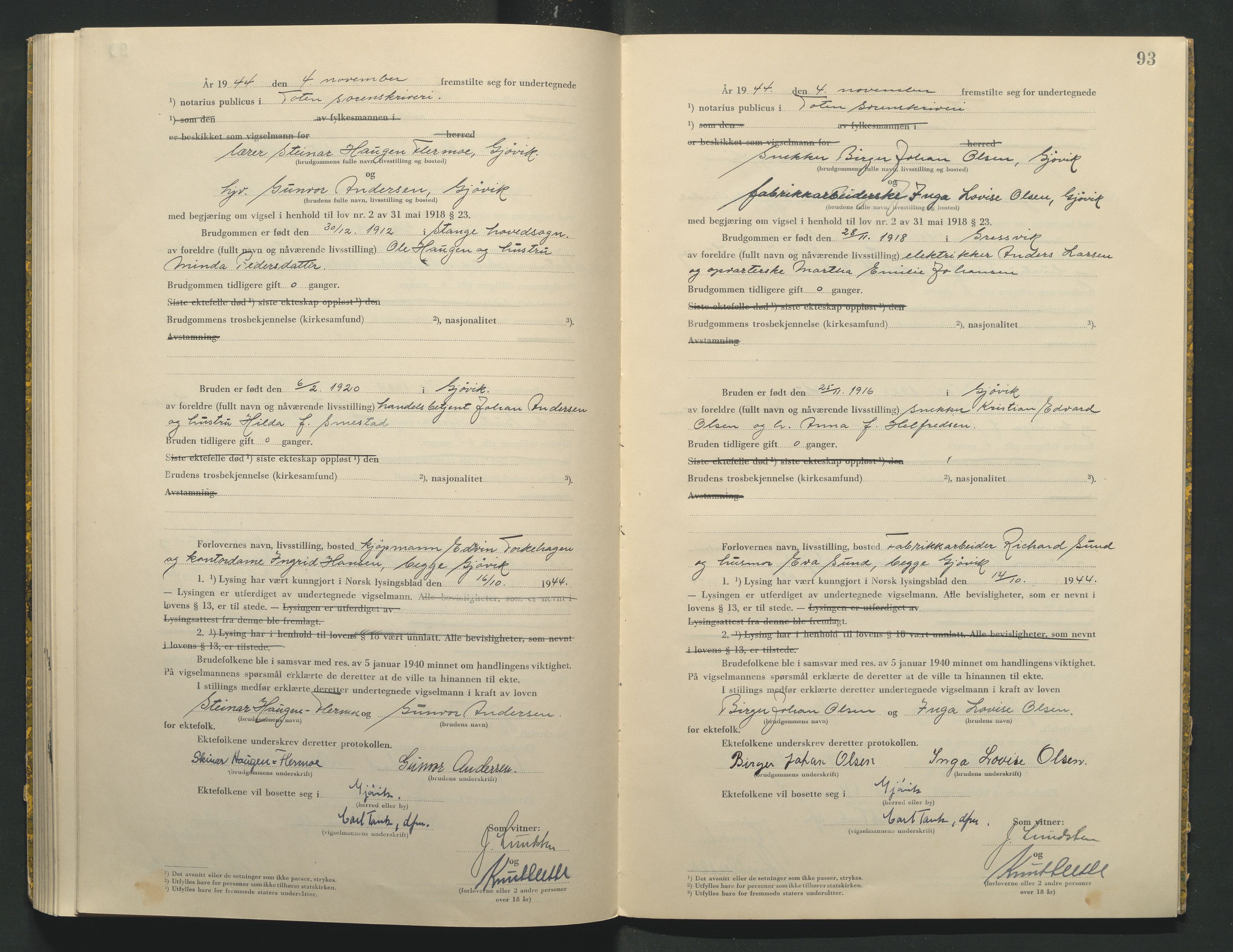 Toten tingrett, AV/SAH-TING-006/L/Lc/L0004: Vigselbok, 1944, p. 93