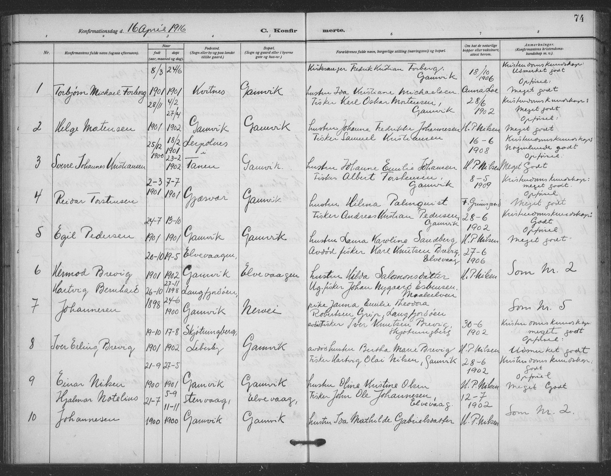 Tana sokneprestkontor, SATØ/S-1334/H/Ha/L0008kirke: Parish register (official) no. 8, 1908-1920, p. 74