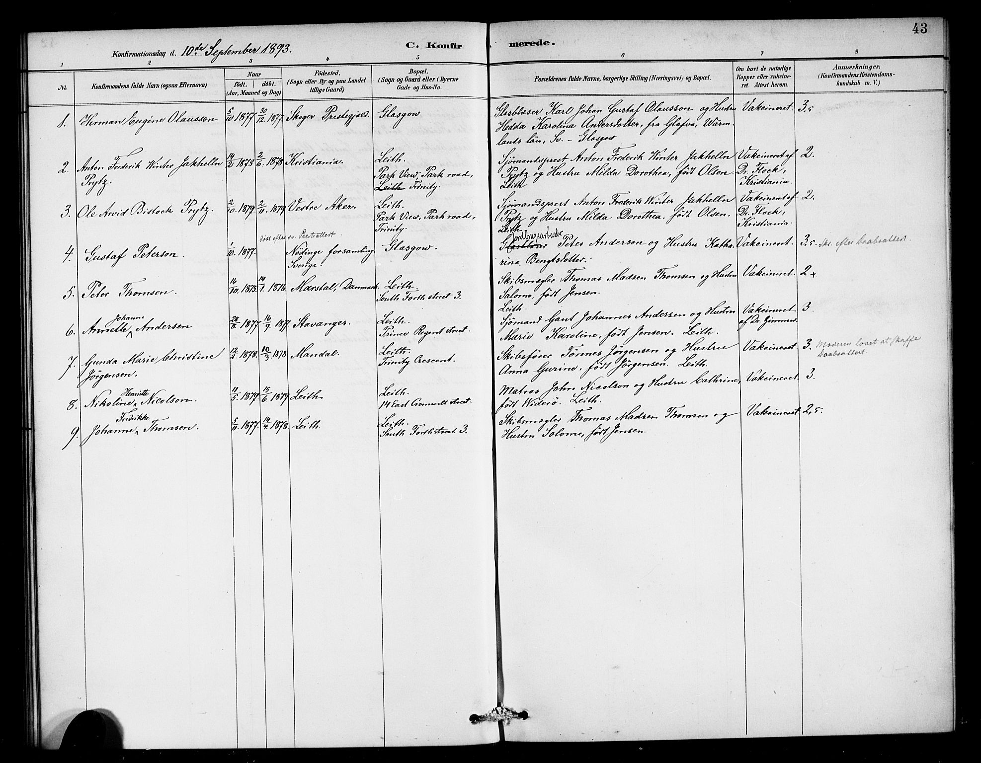 Den norske sjømannsmisjon i utlandet/Skotske havner (Leith, Glasgow), SAB/SAB/PA-0100/H/Ha/Haa/L0003: Parish register (official) no. A 3, 1887-1898, p. 43