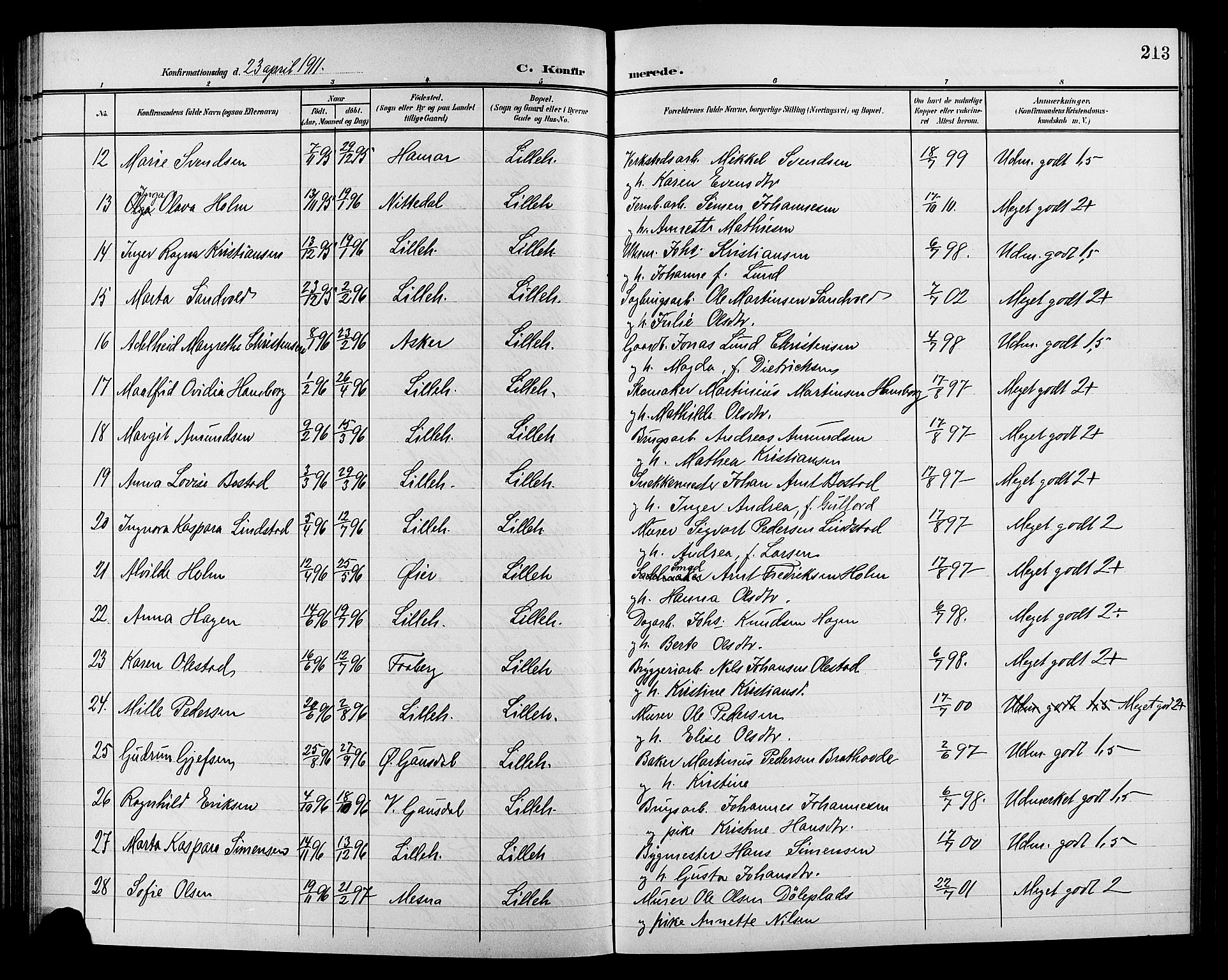 Lillehammer prestekontor, SAH/PREST-088/H/Ha/Hab/L0001: Parish register (copy) no. 1, 1901-1913, p. 213