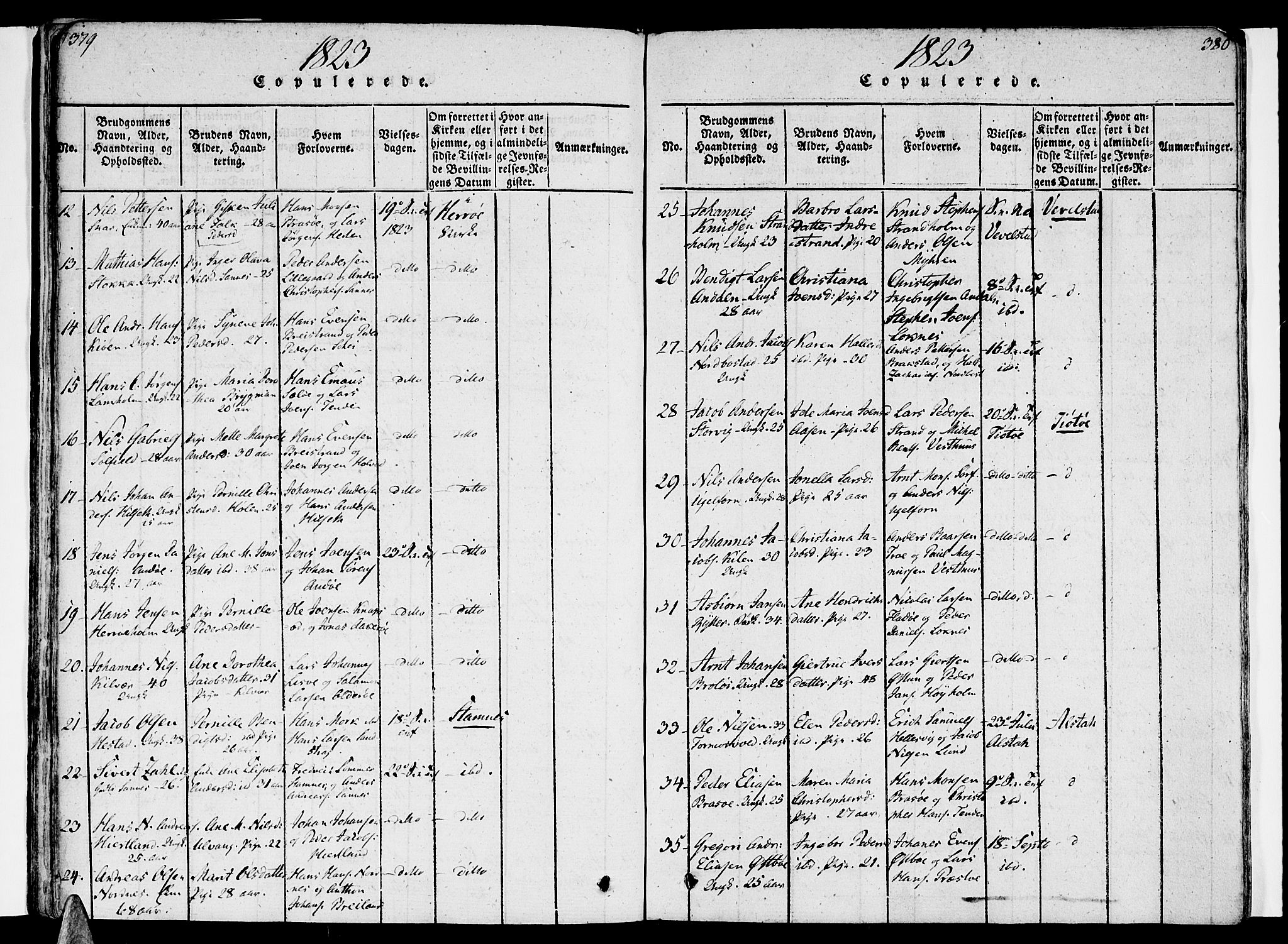 Ministerialprotokoller, klokkerbøker og fødselsregistre - Nordland, AV/SAT-A-1459/830/L0445: Parish register (official) no. 830A09, 1820-1830, p. 379-380