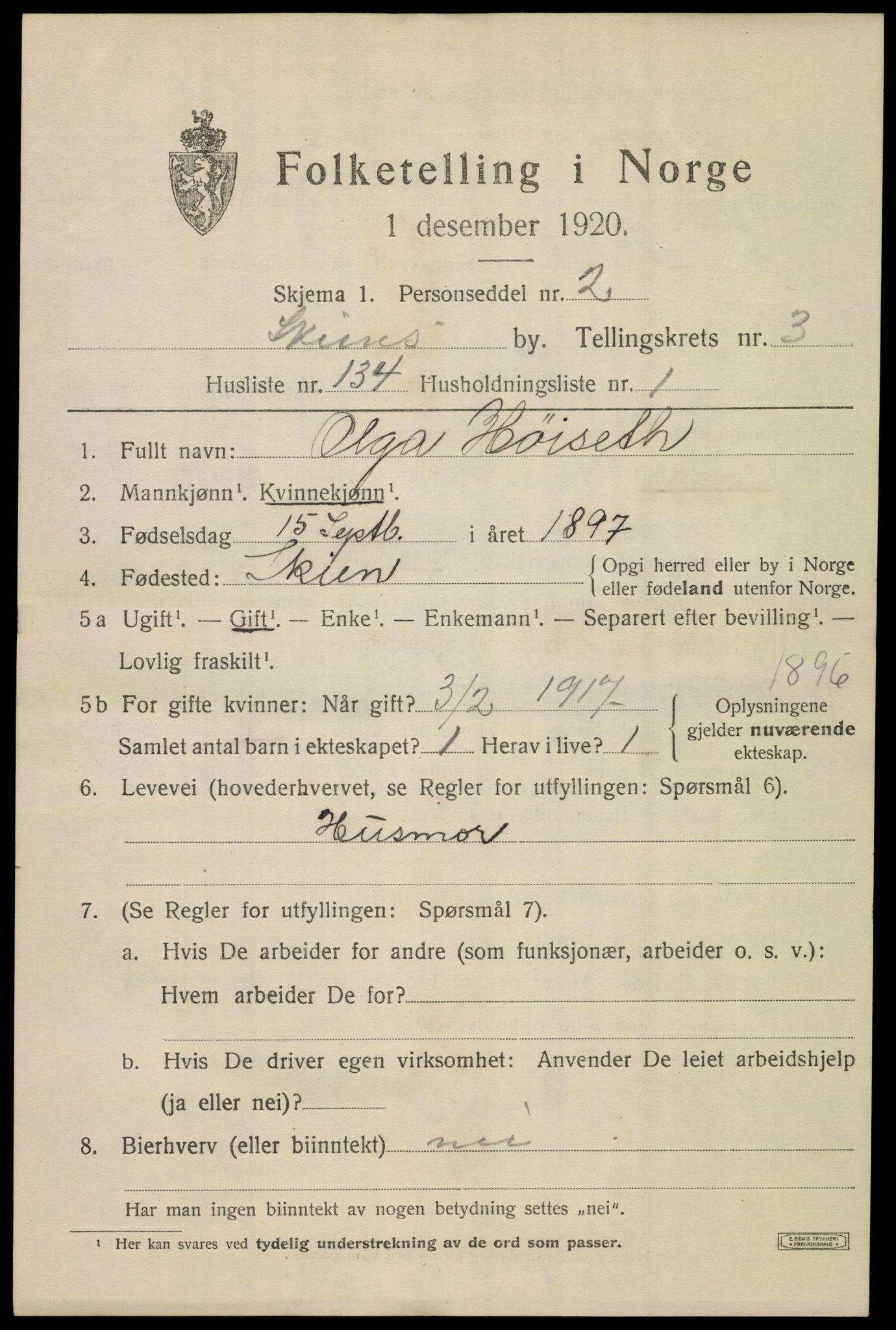 SAKO, 1920 census for Skien, 1920, p. 16816