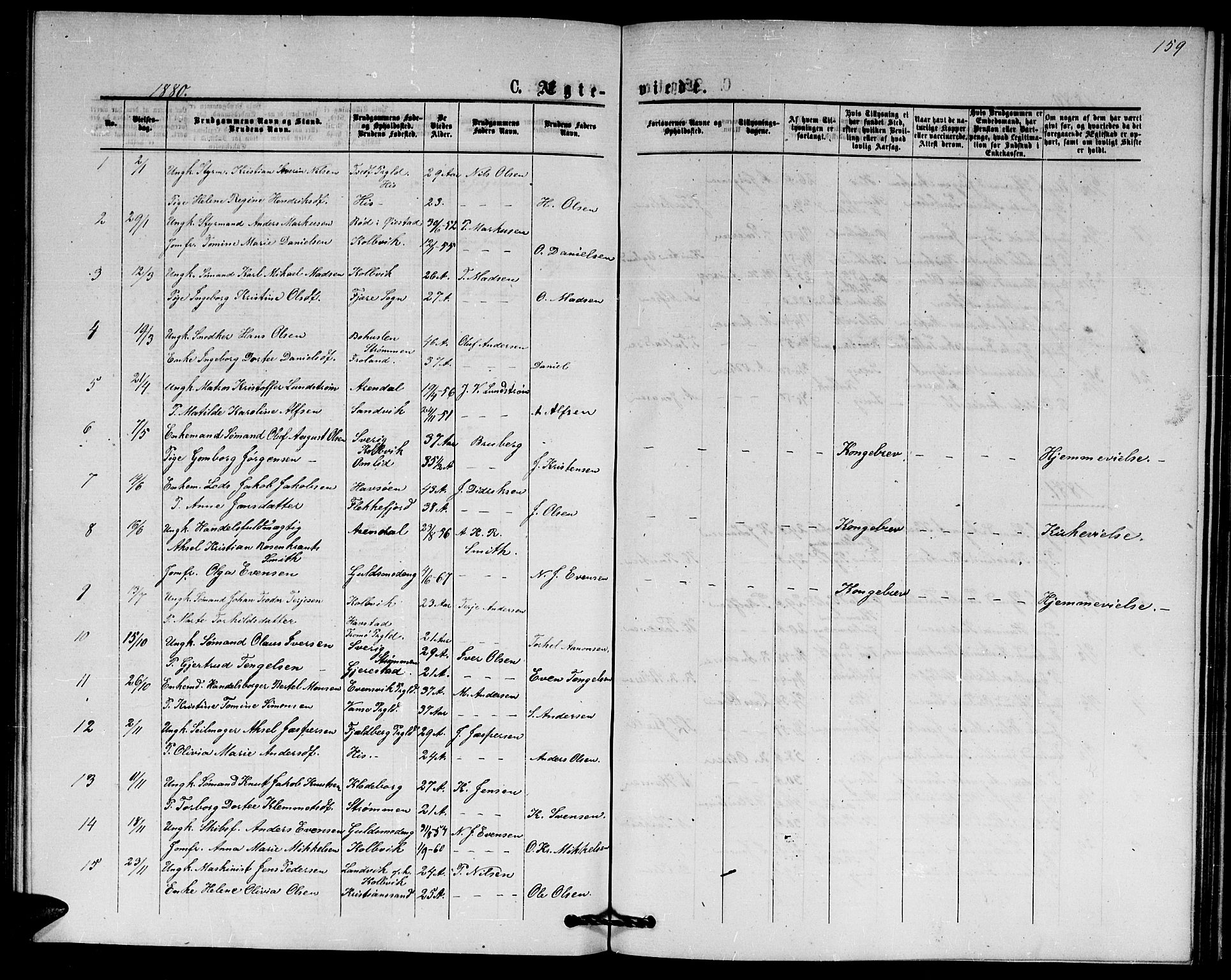 Hisøy sokneprestkontor, SAK/1111-0020/F/Fb/L0002: Parish register (copy) no. B 2, 1873-1885, p. 159