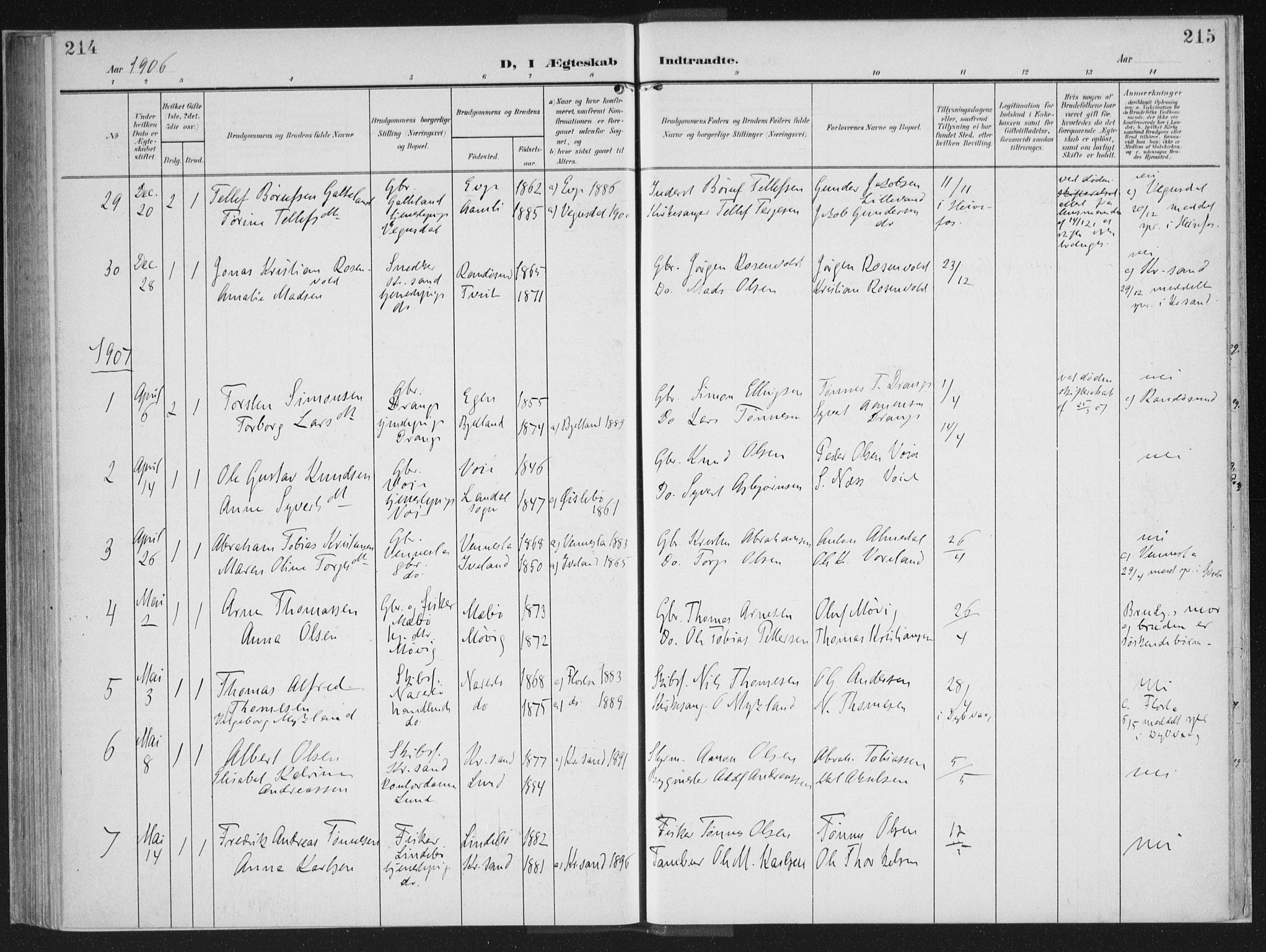 Oddernes sokneprestkontor, AV/SAK-1111-0033/F/Fa/Faa/L0011: Parish register (official) no. A 11, 1904-1911, p. 214-215