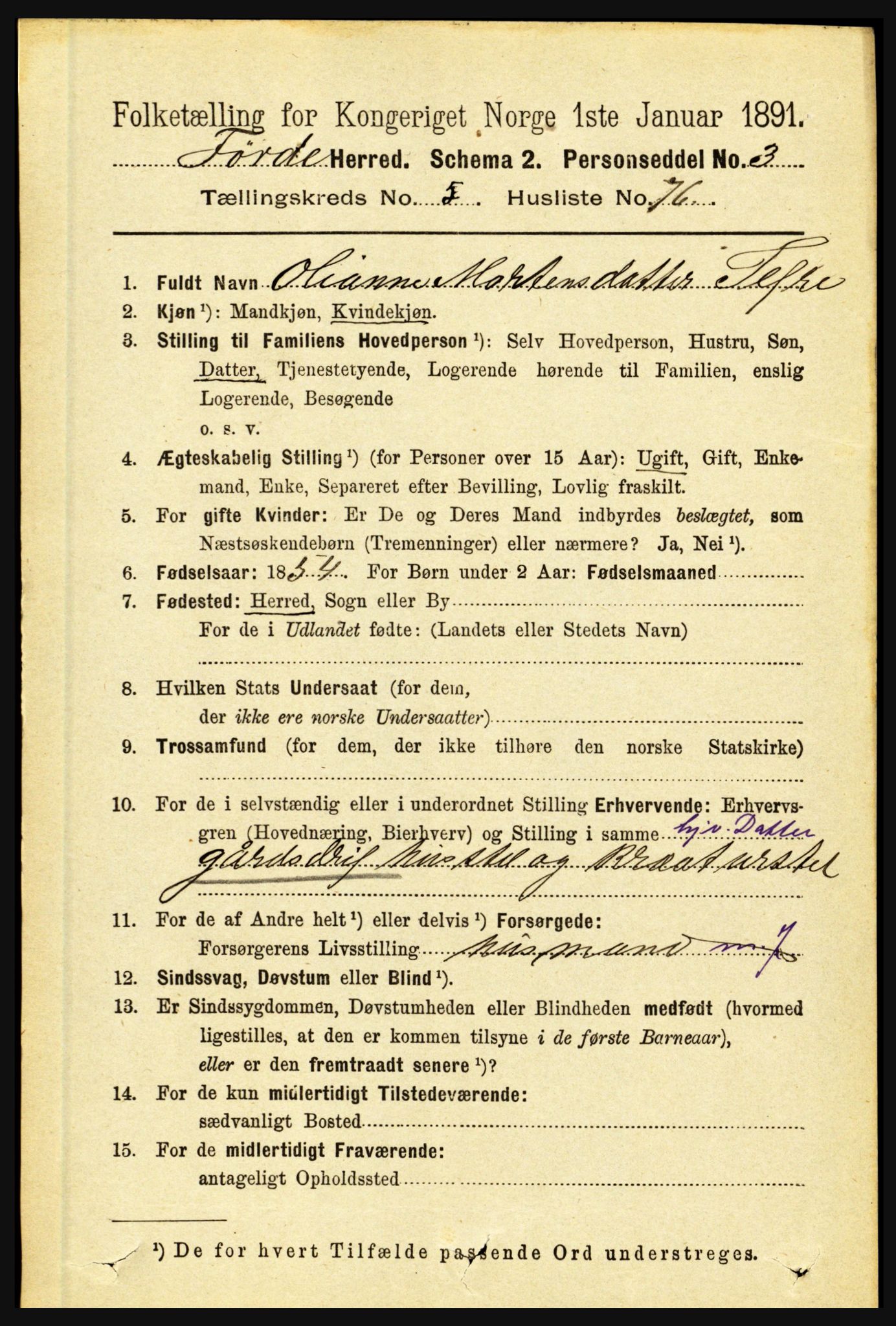 RA, 1891 census for 1432 Førde, 1891, p. 1884