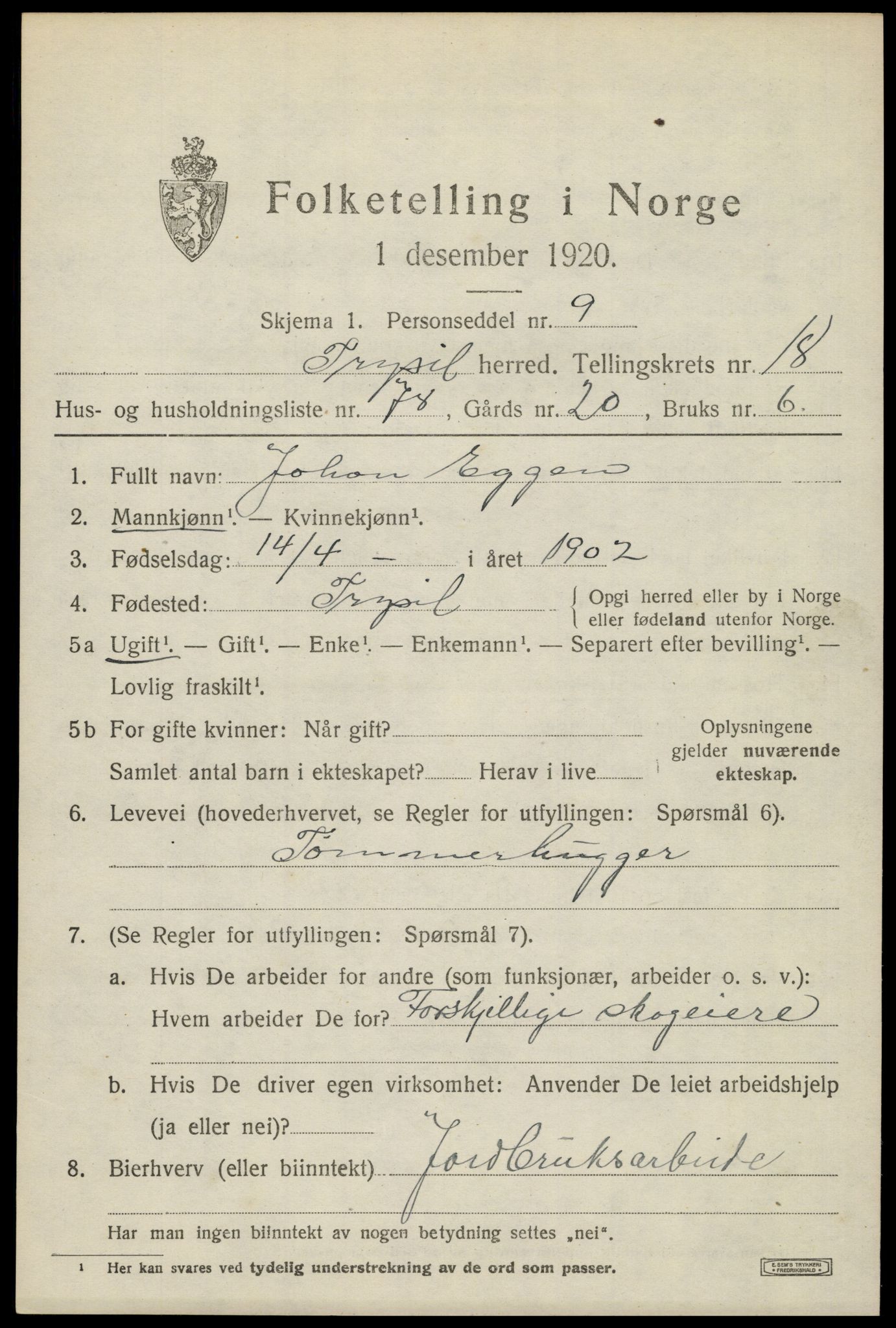 SAH, 1920 census for Trysil, 1920, p. 12711