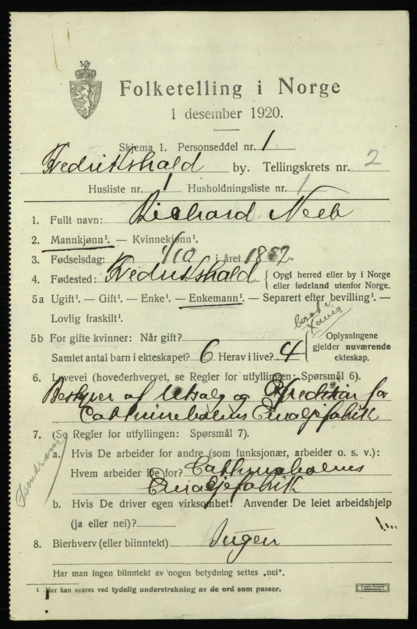 SAO, 1920 census for Fredrikshald, 1920, p. 9250