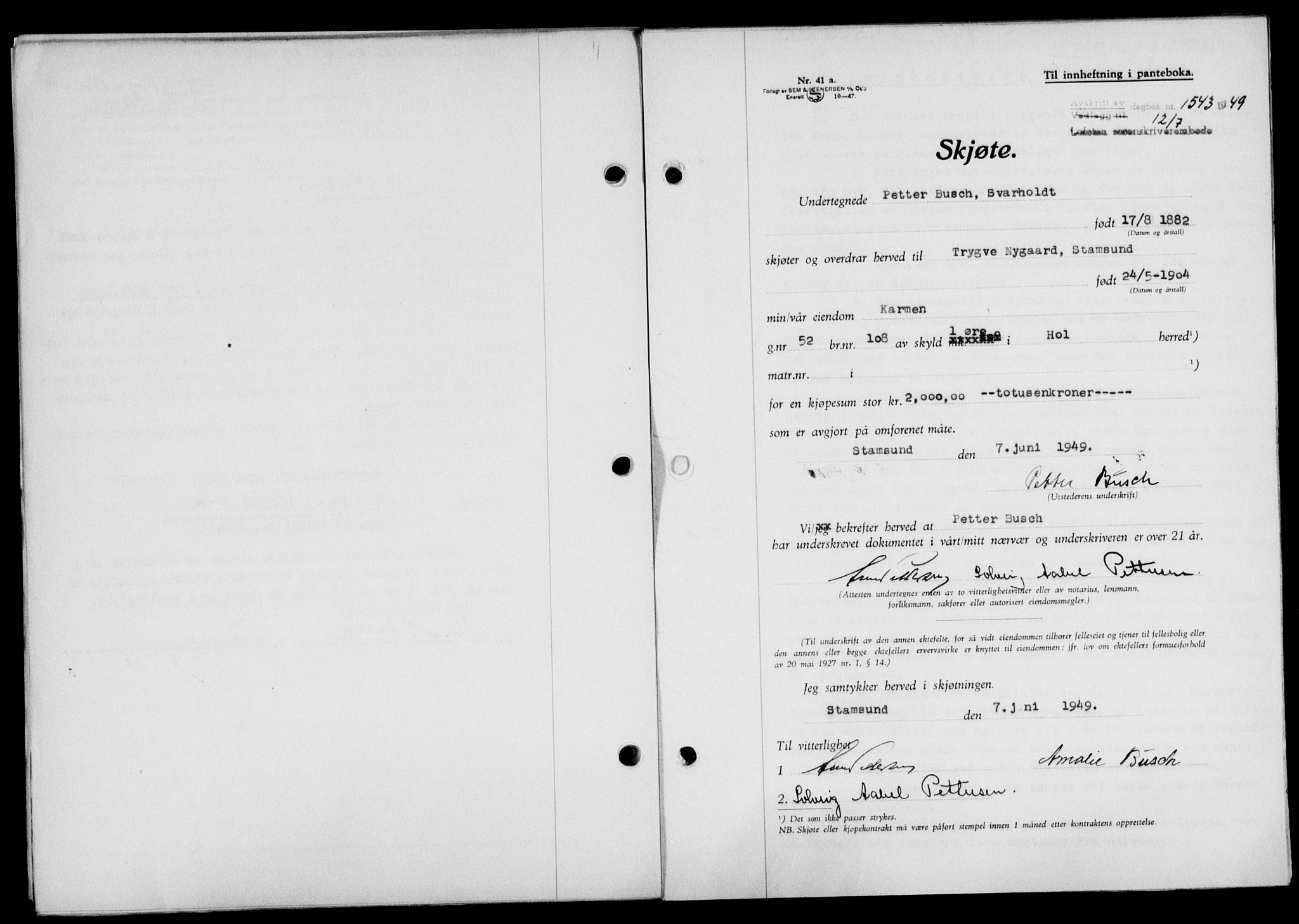 Lofoten sorenskriveri, SAT/A-0017/1/2/2C/L0021a: Mortgage book no. 21a, 1949-1949, Diary no: : 1543/1949