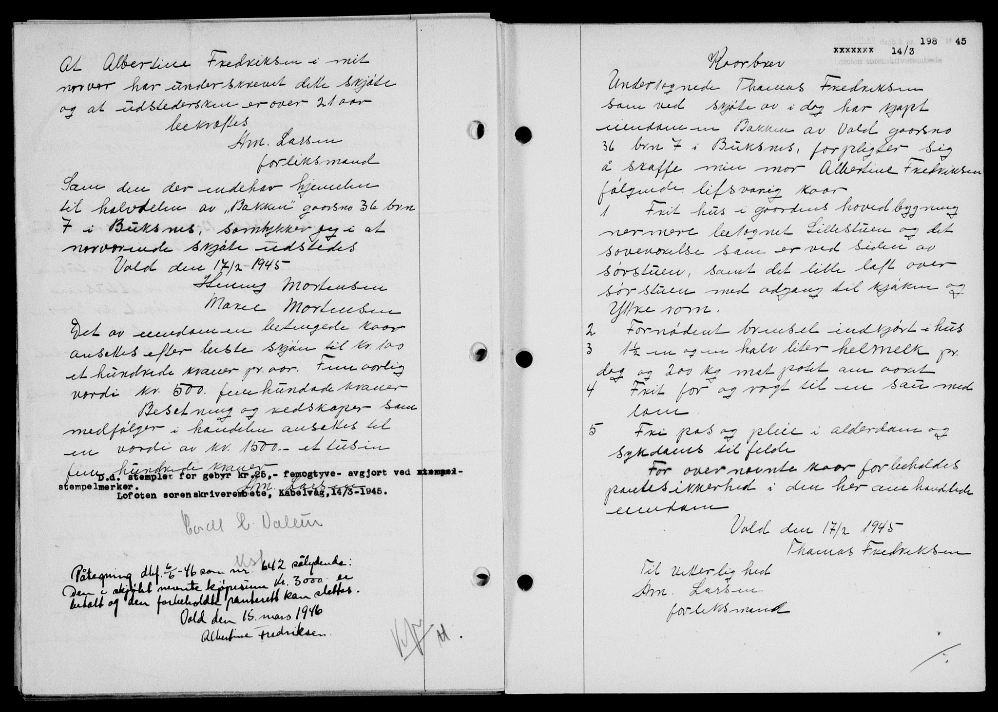 Lofoten sorenskriveri, SAT/A-0017/1/2/2C/L0013a: Mortgage book no. 13a, 1944-1946, Diary no: : 198/1945