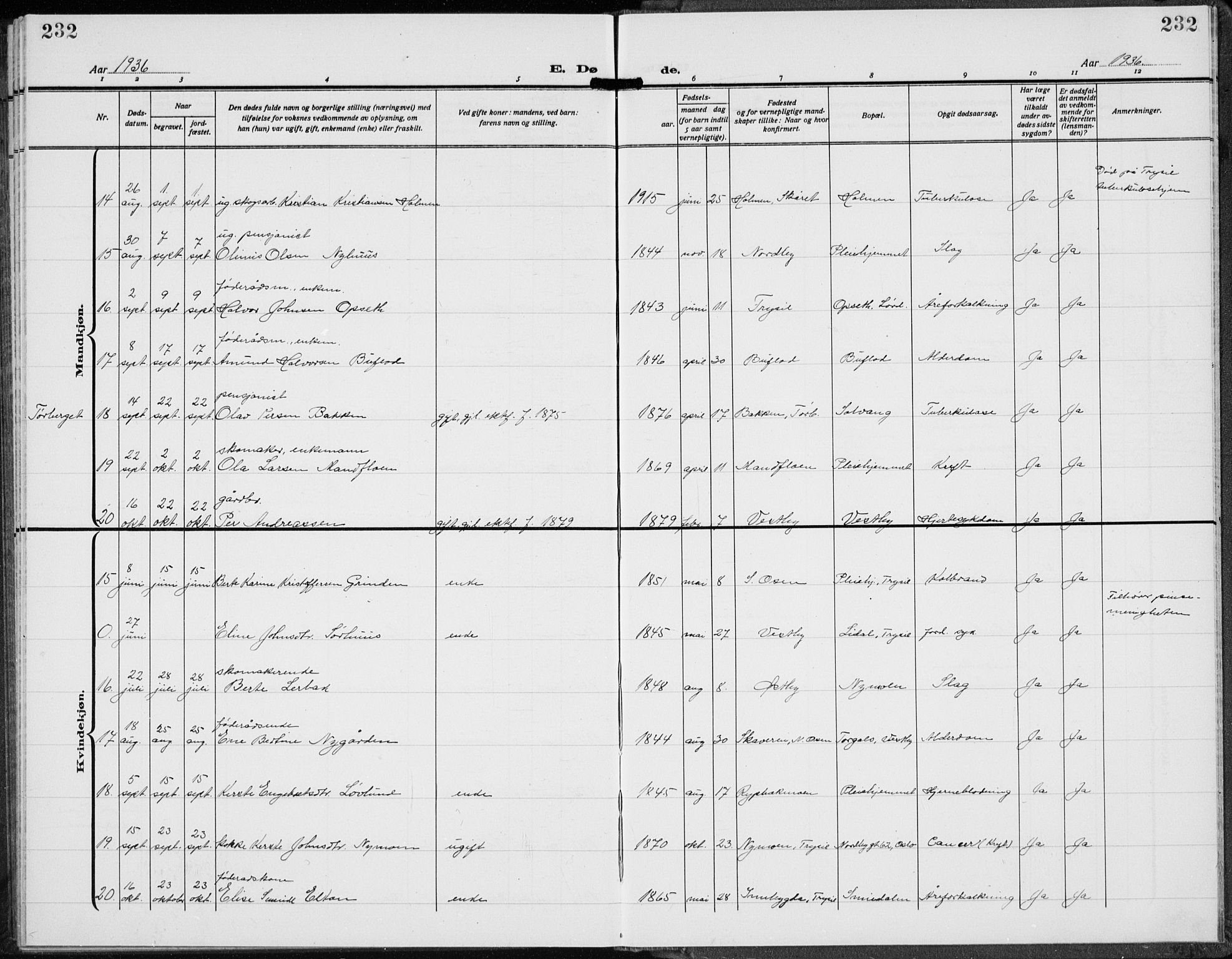 Trysil prestekontor, AV/SAH-PREST-046/H/Ha/Hab/L0010: Parish register (copy) no. 10, 1917-1937, p. 232