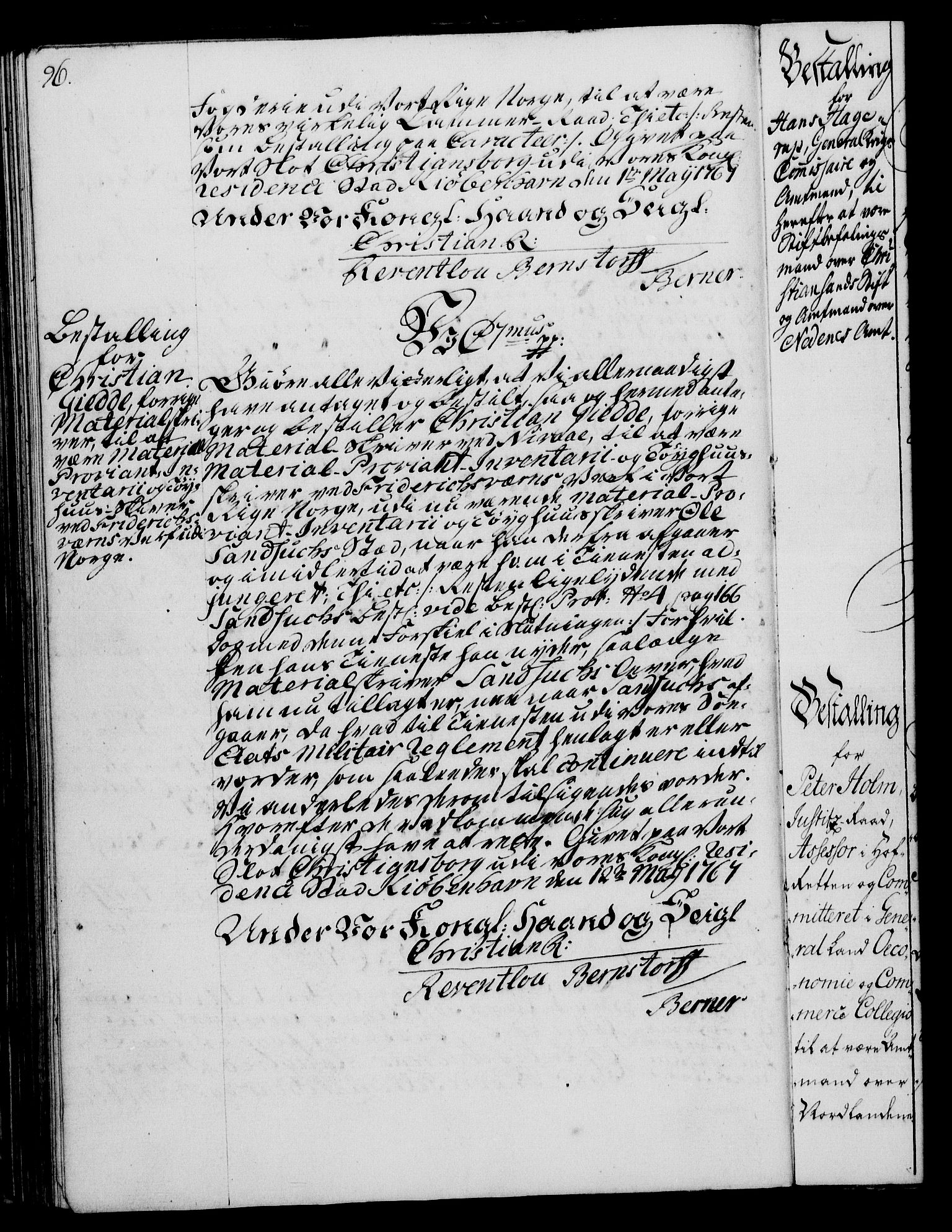 Rentekammeret, Kammerkanselliet, RA/EA-3111/G/Gg/Gge/L0004: Norsk bestallingsprotokoll med register (merket RK 53.28), 1762-1771, p. 96